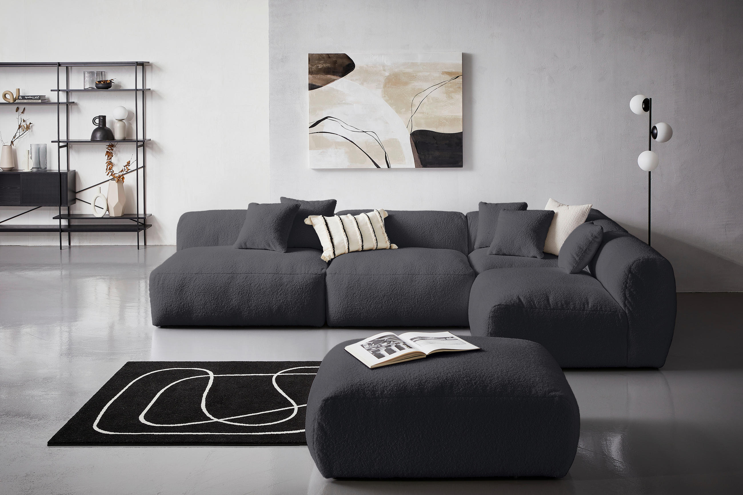 ECKSOFA inkl. Hocker in Flachgewebe, Teddystoff Dunkelgrau - Dunkelgrau, Trend, Textil (315/235cm) - Livetastic