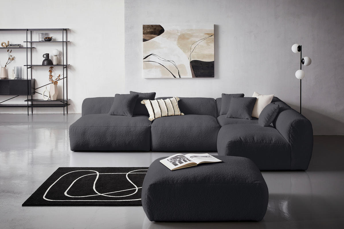ECKSOFA inkl. Hocker in Flachgewebe, Teddystoff Dunkelgrau  - Dunkelgrau, Trend, Textil (315/235cm) - Livetastic