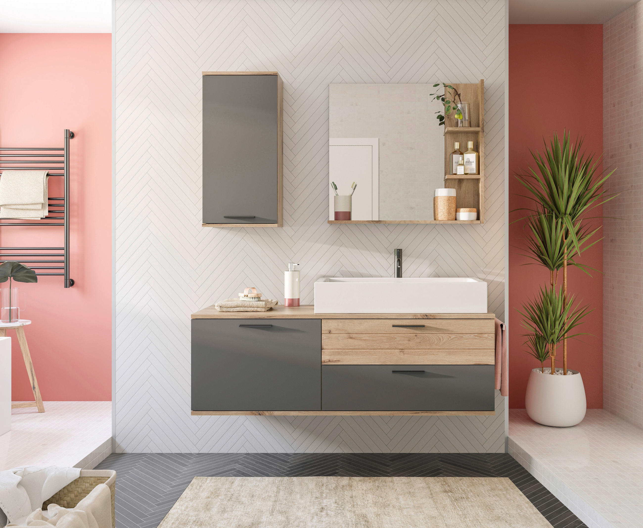 BADEZIMMER 3-teilig in 140 cm - Eichefarben/Weiß Hochglanz, MODERN, Glas/Keramik (140cm) - MID.YOU