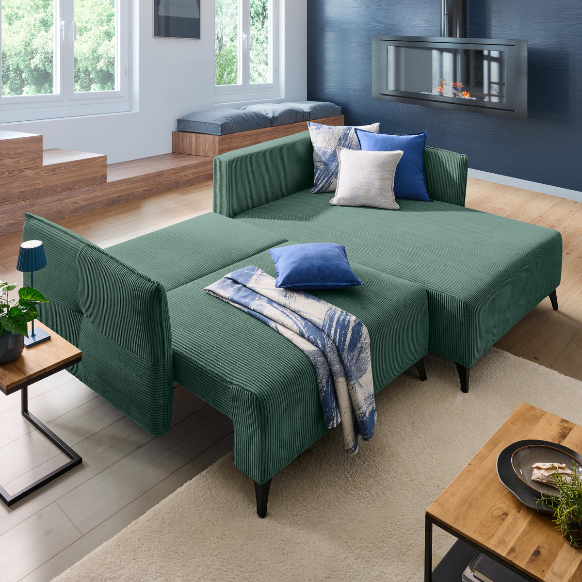 ECKSOFA Grün Cord  - Schwarz/Grau, Design, Textil/Metall (254/175cm) - Stylife