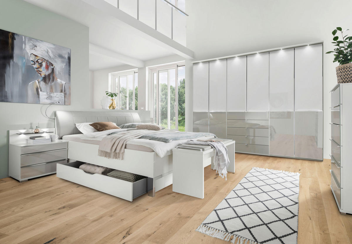 NYÍLÓAJTÓS SZEKRÉNY szürke, fehér  - krómszínű/fehér, Basics, faalapú anyag/Üveg (300/236/58cm) - Novel