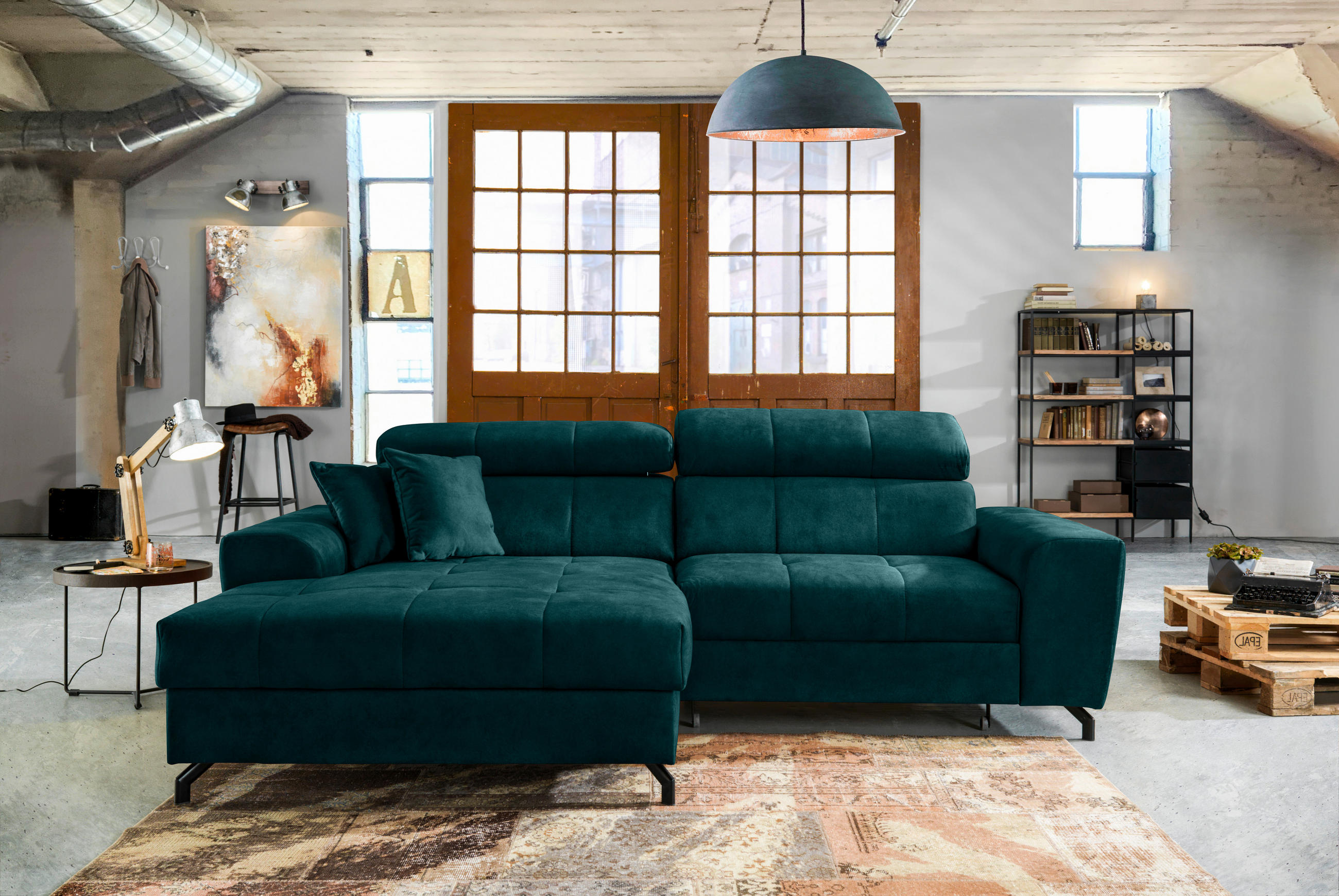 ECKSOFA Petrol Velours  - Petrol/Schwarz, Design, Textil/Metall (181/267cm) - Carryhome