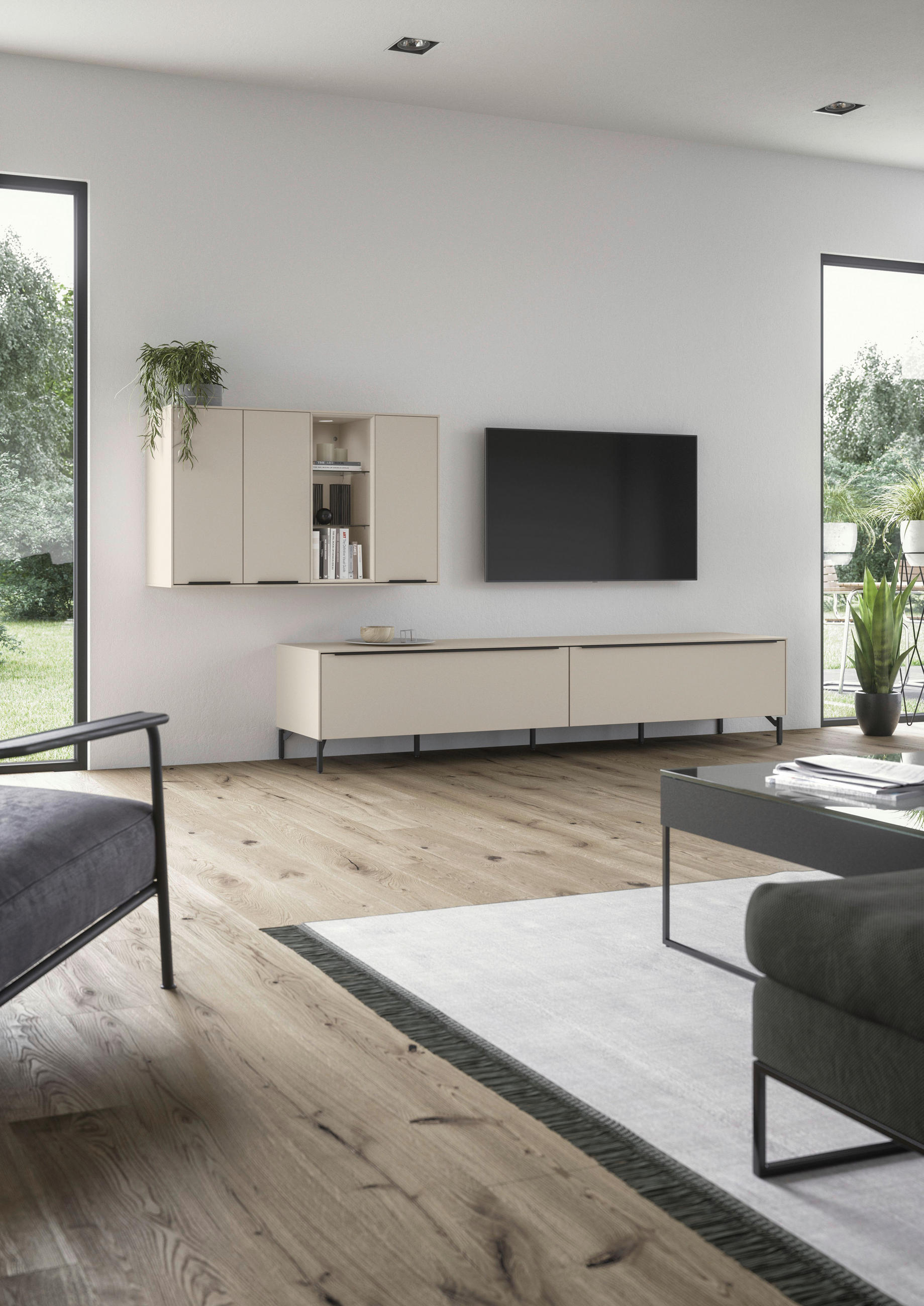 WOHNWAND  in Sandfarben  280/160/48,5 cm  - Sandfarben/Schwarz, Design, Glas/Holzwerkstoff (280/160/48,5cm) - Celina Home