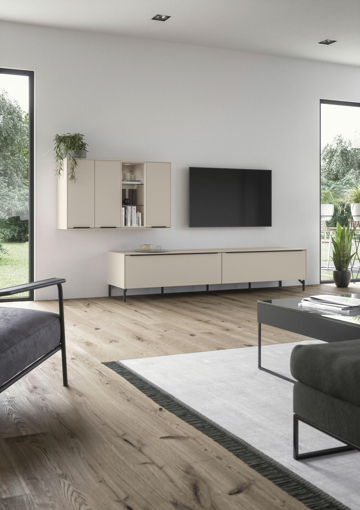 WOHNWAND  in Sandfarben  280/160/48,5 cm  - Sandfarben/Schwarz, Design, Glas/Holzwerkstoff (280/160/48,5cm) - Celina Home