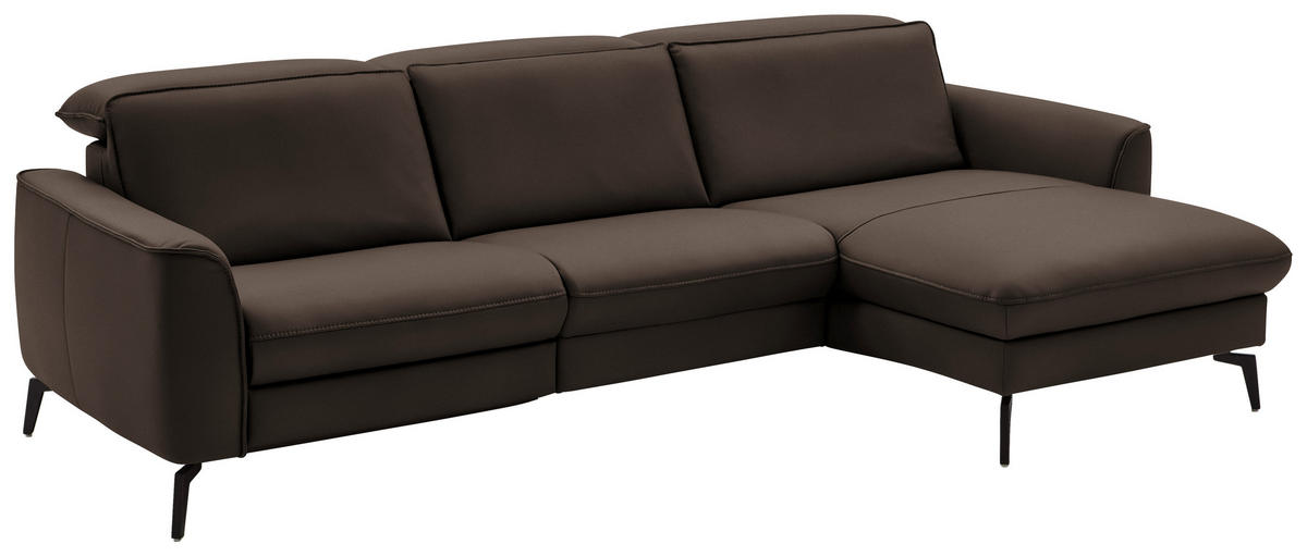 ECKSOFA in Echtleder Dunkelbraun  - Dunkelbraun/Schwarz, Natur, Leder/Metall (281/168cm) - Valdera