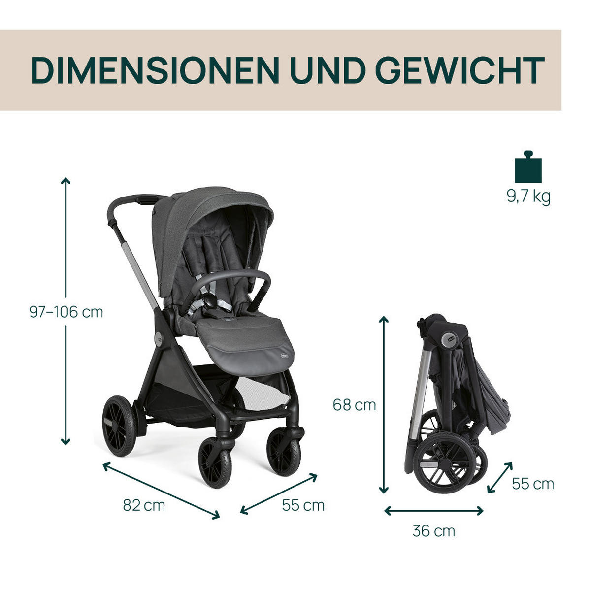 KINDERWAGEN  Bellagio  Black Satin  - Schwarz/Grau, Basics, Metall (55/82/97-106cm) - Chicco