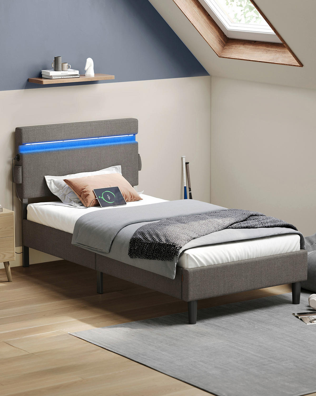 POLSTERBETT 90/200 cm,  in Dunkelgrau, Beleuchtung, Betttasche, Lattenroste, Befestigungsmaterial,  - Dunkelgrau/Schwarz, Basics, Holz/Textil (90/200cm) - Boxxx