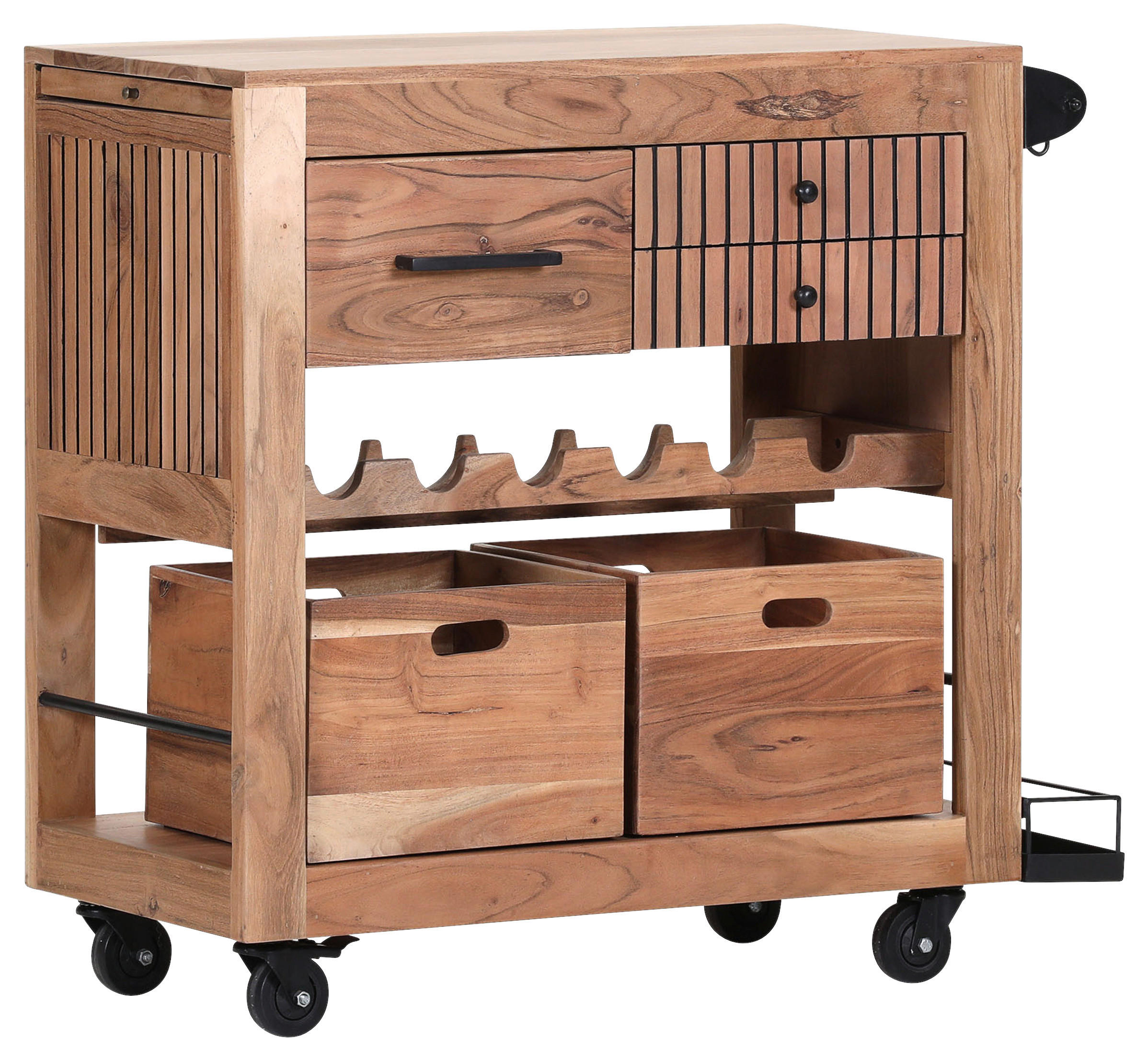 SERVIERWAGEN Akazie massiv Akaziefarben  - Schwarz/Akaziefarben, LIFESTYLE, Holz/Kunststoff (97-123/43/85cm) - Landscape