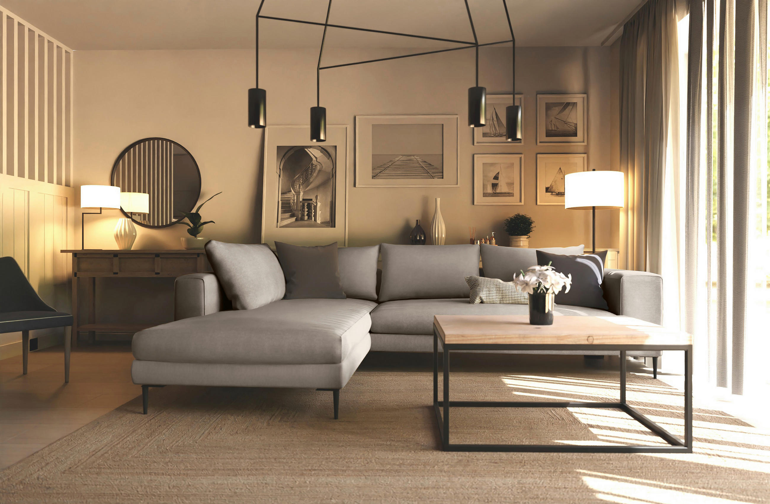 ECKSOFA AURORA Taupe Struktur  - Taupe/Schwarz, MODERN, Textil/Metall (210/295cm) - Trendmanufaktur
