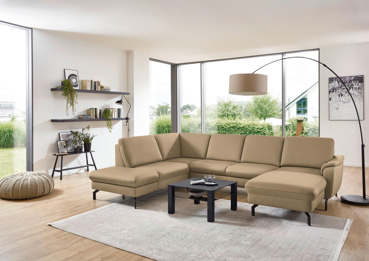 WOHNLANDSCHAFT Beldomo premium in Echtleder Beige  - Beige/Schwarz, KONVENTIONELL, Leder/Metall (224/306/168cm) - Beldomo Premium