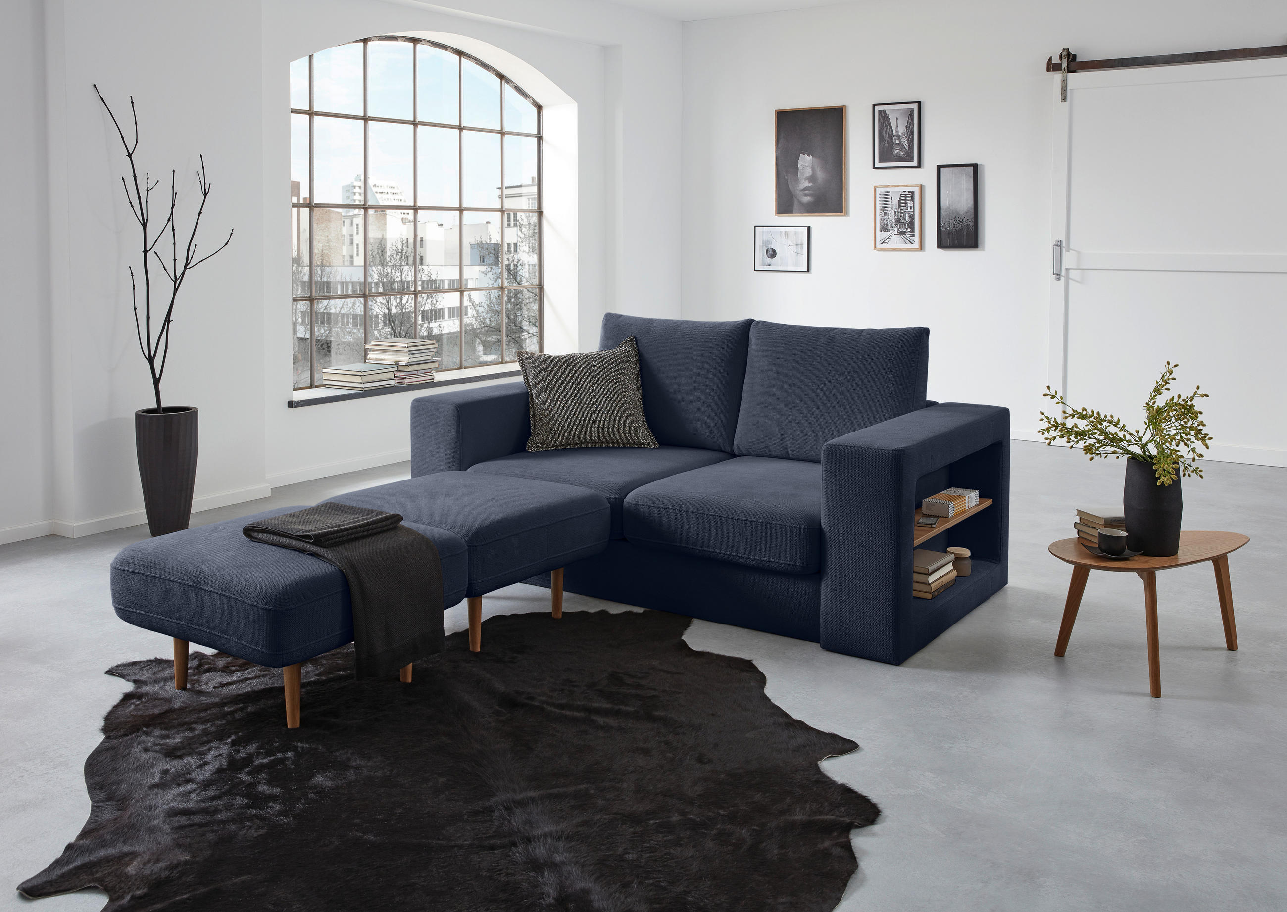 DREISITZER-SOFA inkl. Hocker Webstoff Dunkelblau  - Eichefarben/Dunkelblau, Design, Holz/Textil (212/96/107cm) - LOOKS by W.Joop