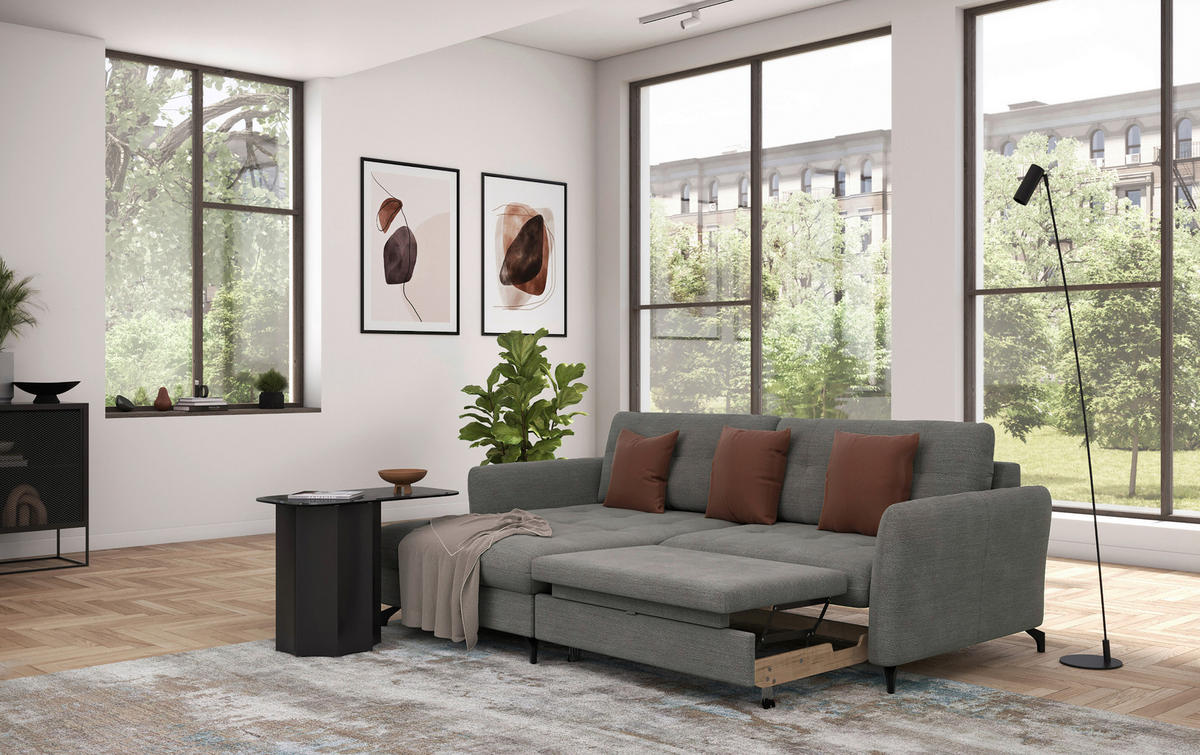 ECKSOFA in Flachgewebe, Leinenoptik Dunkelgrau  - Dunkelgrau/Schwarz, Design, Textil/Metall (170/242cm) - Xora