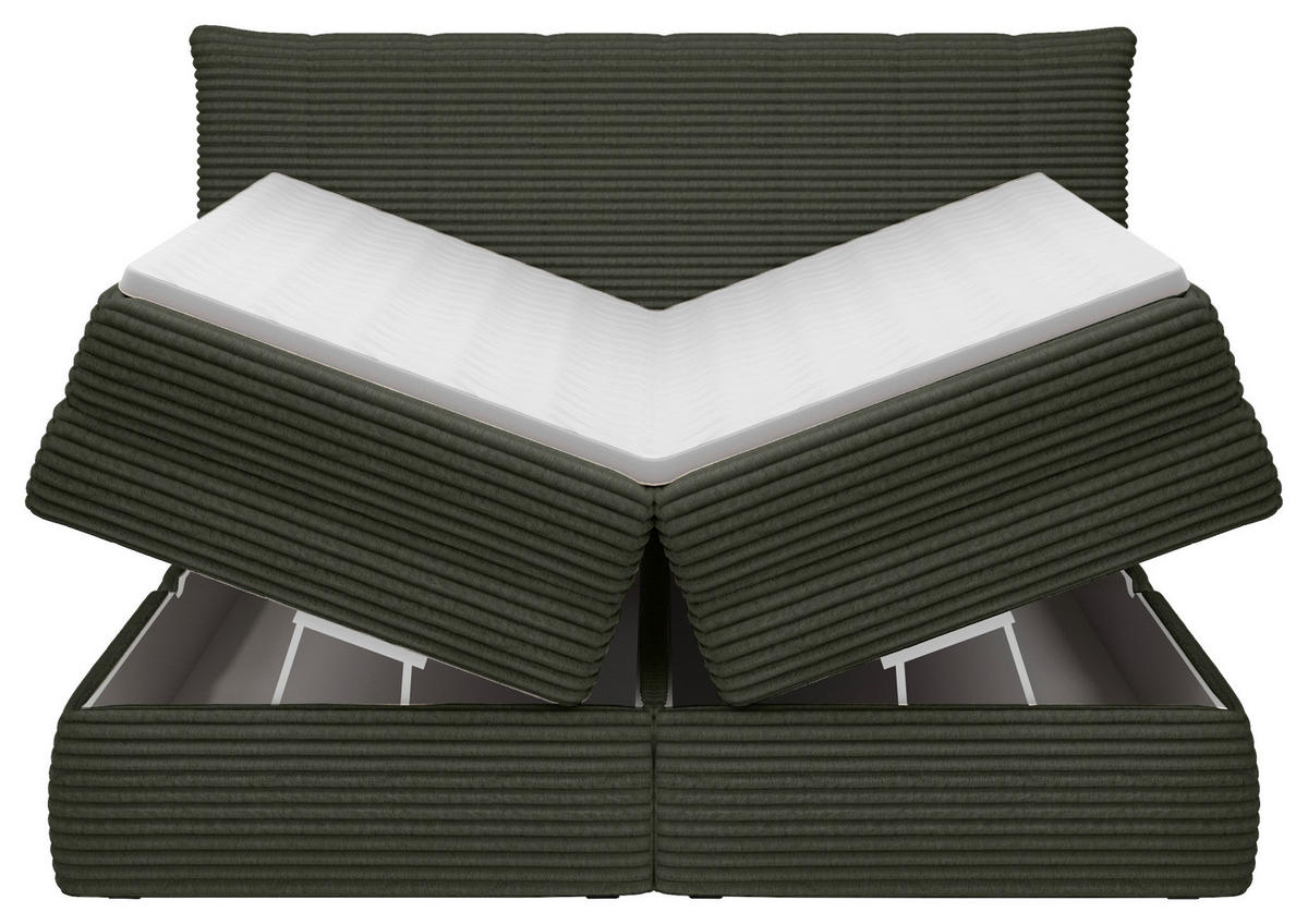 BOXSPRINGBETT 180/200 cm,  in Dunkelgrün, gepolstertes Kopfteil, Bettkasten, Topper, Matratzen, H2 + H4 = mittel + sehr fest  - Dunkelgrün/Schwarz, Design, Kunststoff/Textil (180/200cm) - Chameo