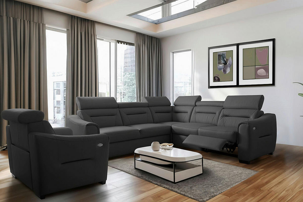 ECKSOFA  in Lederlook Echtleder Anthrazit  - Wengefarben/Anthrazit, Design, Leder/Holz (260/260cm) - Celina Home