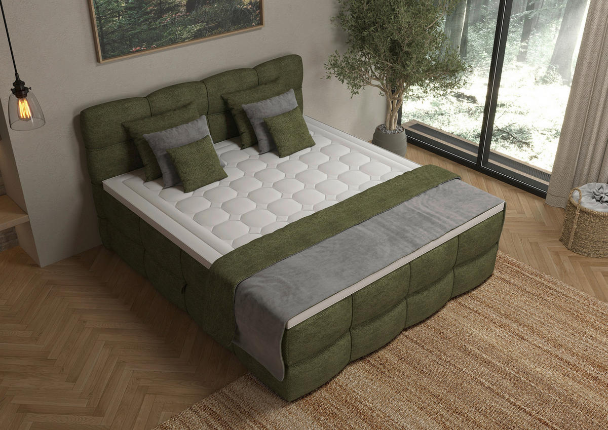 BOXSPRINGBETT 180/200 cm,  in Grün, gepolstertes Kopfteil, Bettkasten, Topper, Matratzen, H3 + H3 = fest  - Schwarz/Grün, Design, Kunststoff/Textil (180/200cm) - Chameo