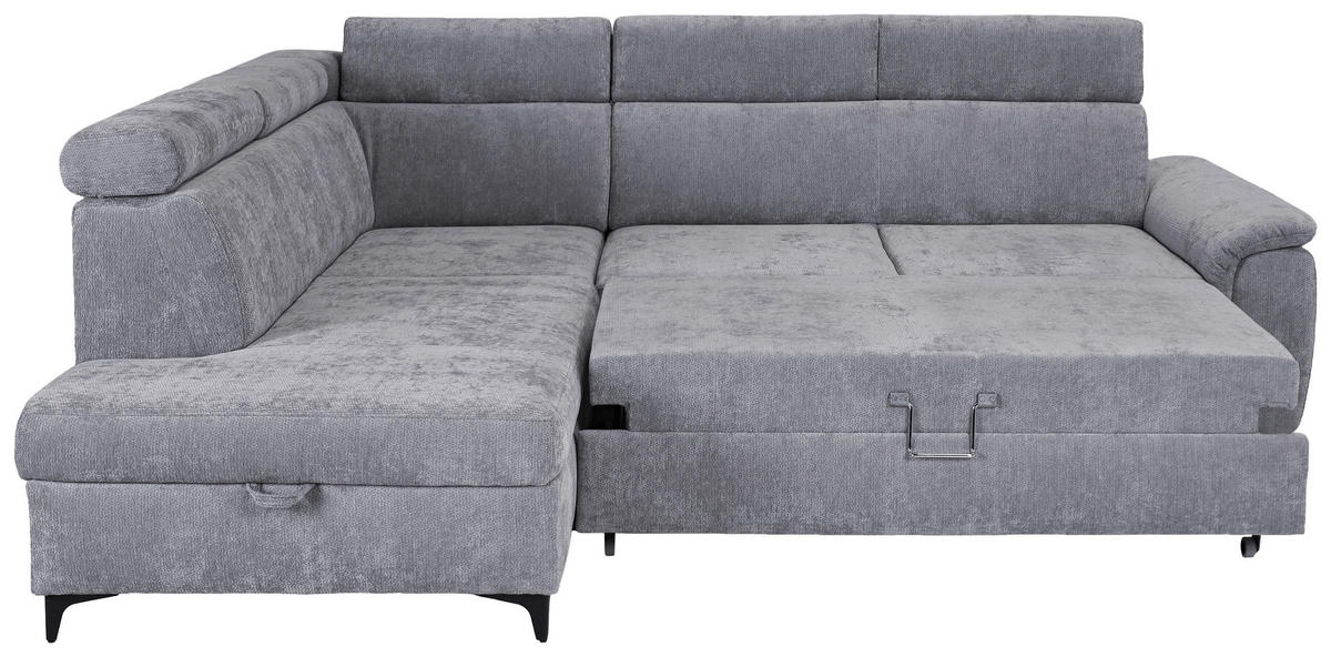 ECKSOFA Hellgrau Chenille Bettkasten, Schlaffunktion, Rücken echt, Kopfteilverstellung, Liegefläche im Originalstoff  - Hellgrau/Schwarz, KONVENTIONELL, Textil/Metall (206/265cm) - Carryhome