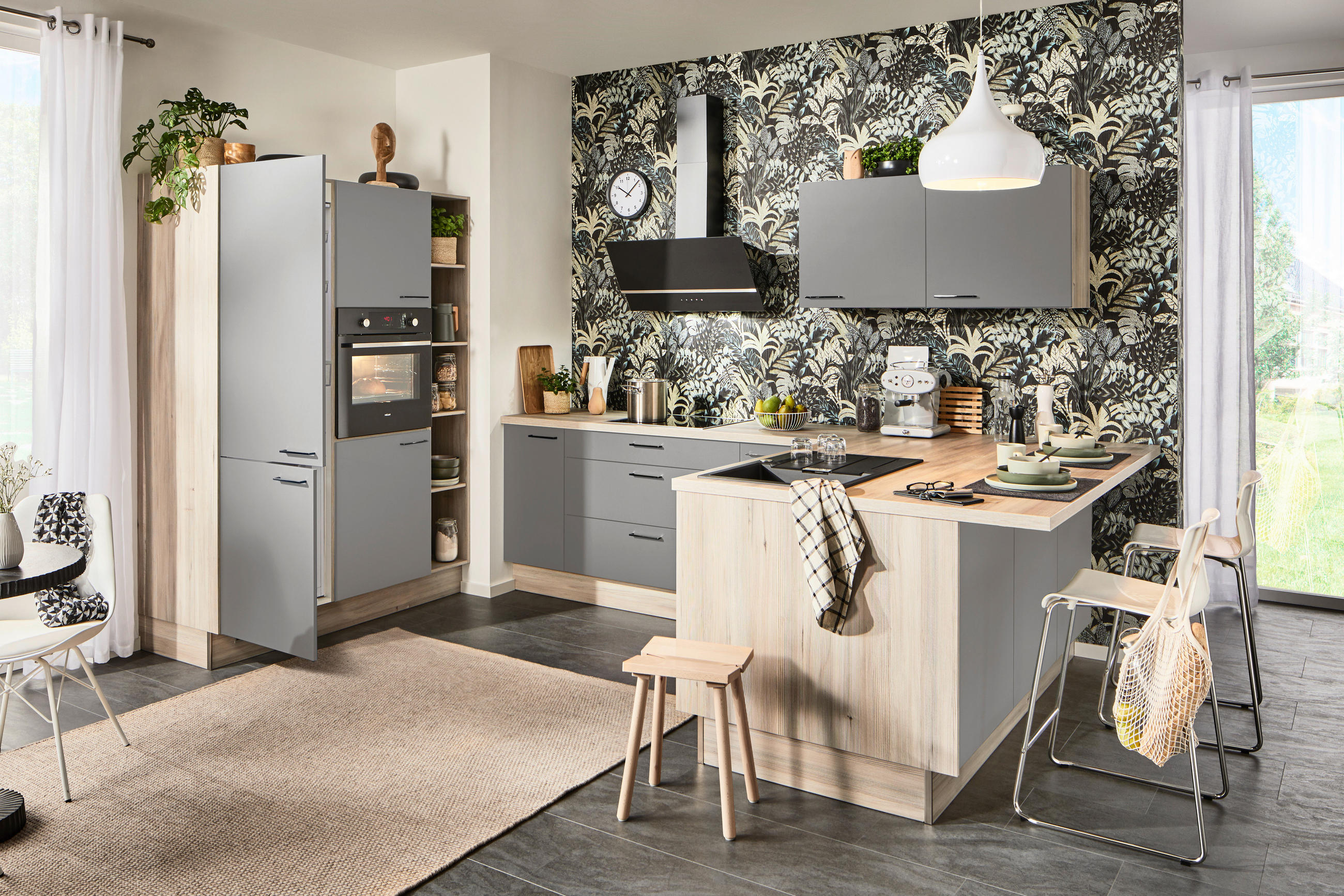 ECKKÜCHE  in Grau, Hellbraun  - Hellbraun/Schwarz, Design, Holzwerkstoff/Metall (150/280/192cm) - Xora