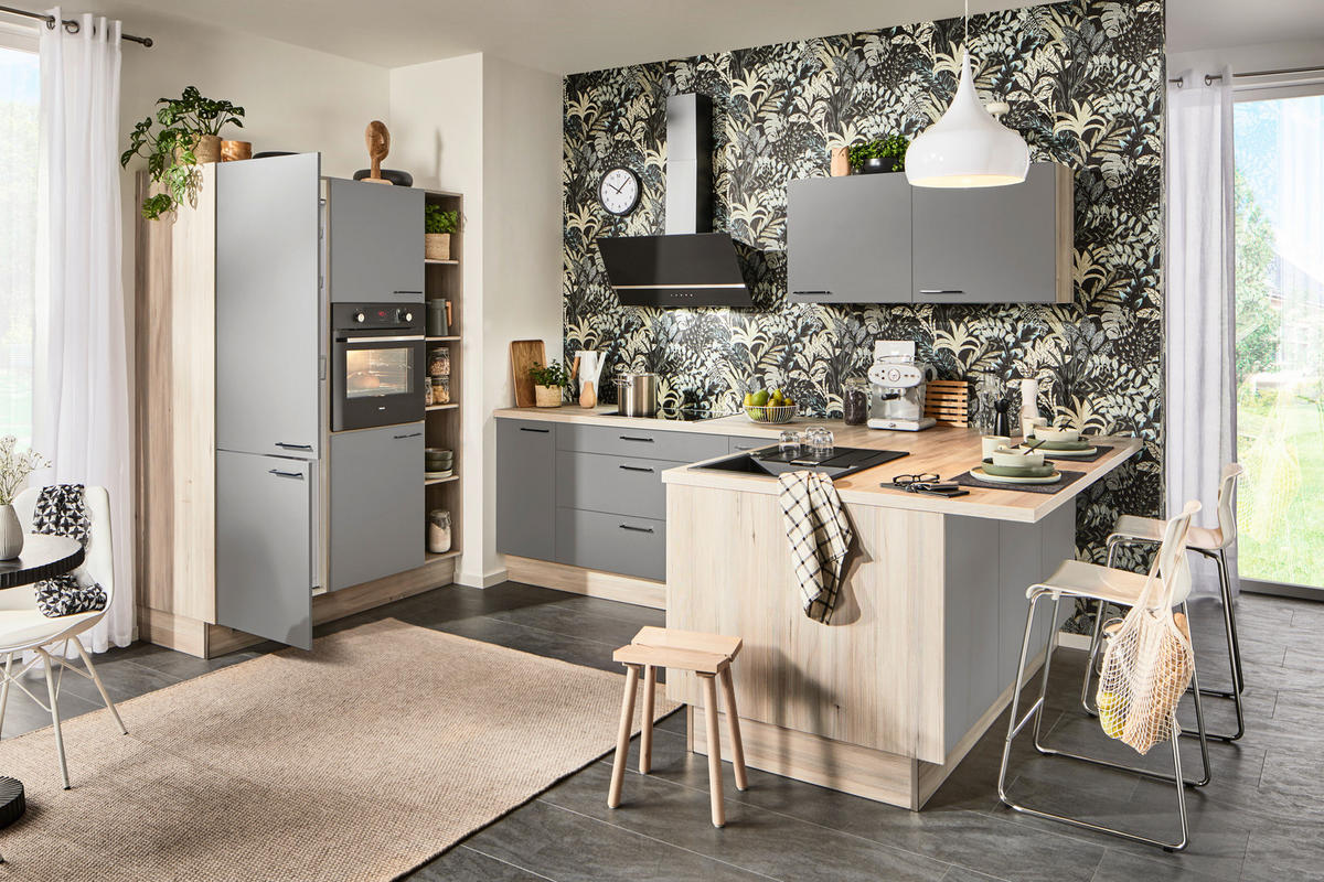 ECKKÜCHE  in Grau, Hellbraun  - Hellbraun/Schwarz, Design, Holzwerkstoff/Metall (150/280/192cm) - Xora