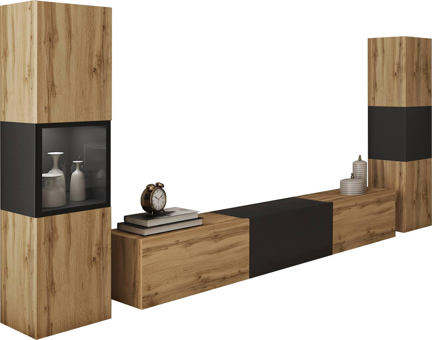 Ansamblu Mobilier Camera De Z, 3 piese, negru, stejar Wotan, 240/130/31 cm