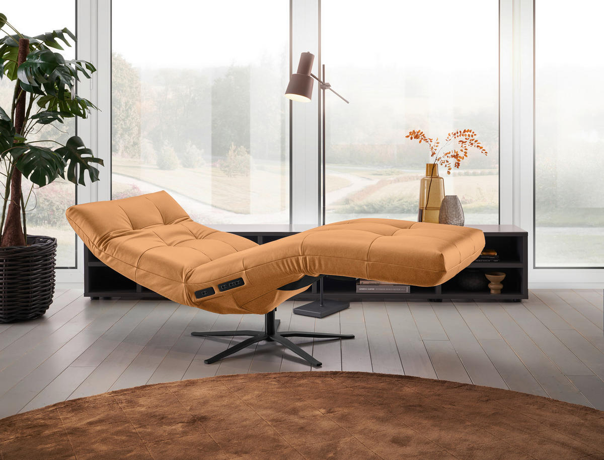 RELAXLIEGE in Echtleder Cognac  - Cognac/Schwarz, MODERN, Leder/Metall (82/53-115/156-206cm) - Pure Home Comfort