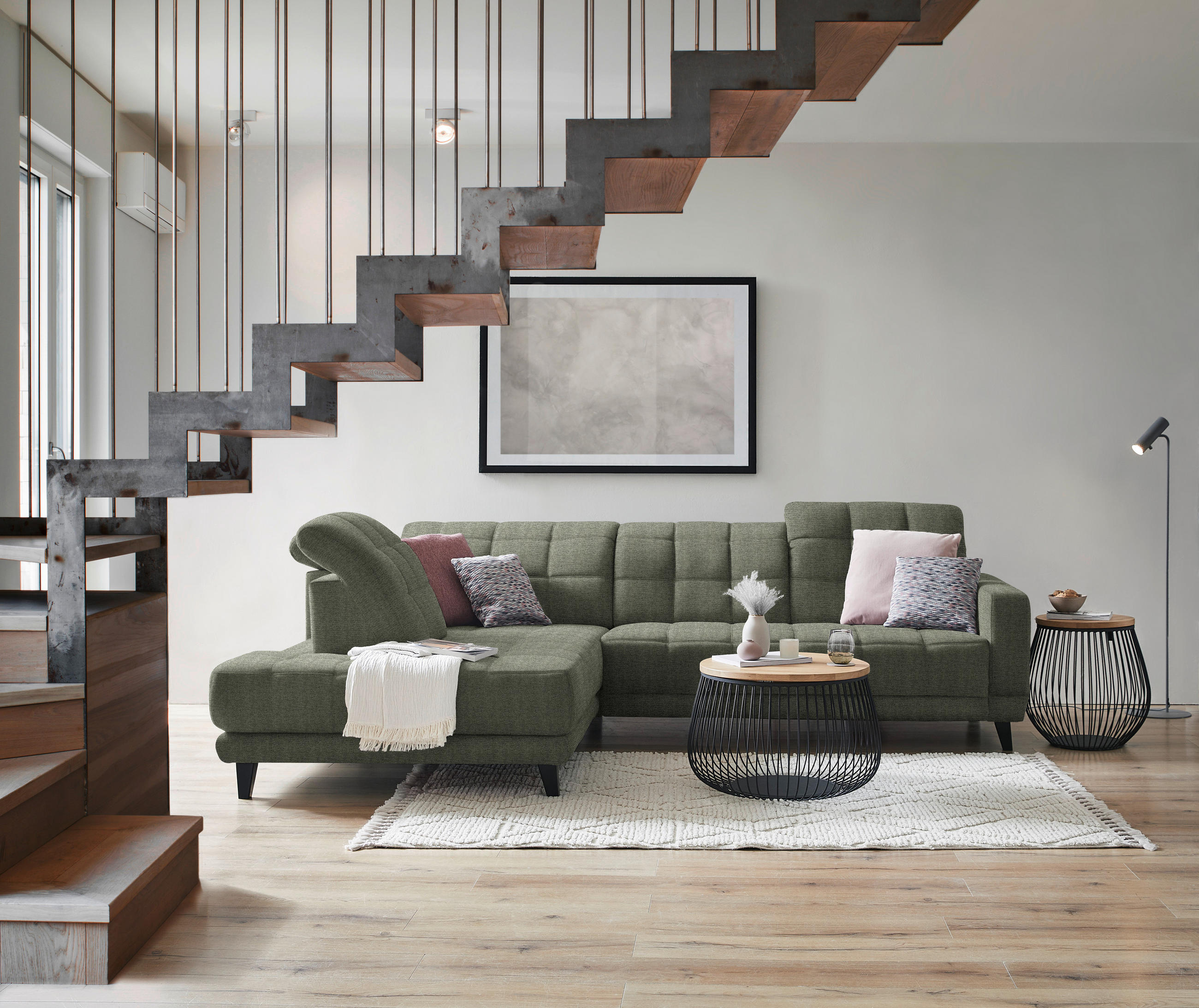 ECKSOFA in Webstoff Grün  216/302 cm  - Schwarz/Grün, Design, Holz/Textil (216/302cm) - Xora