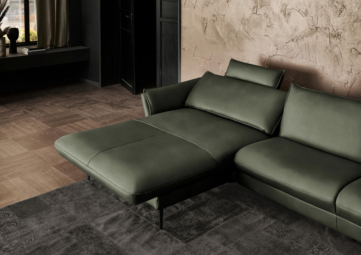 ECKSOFA in Echtleder Dunkelgrün  172/334 cm  - Dunkelgrün/Schwarz, Design, Leder/Metall (172/334cm) - Hukla