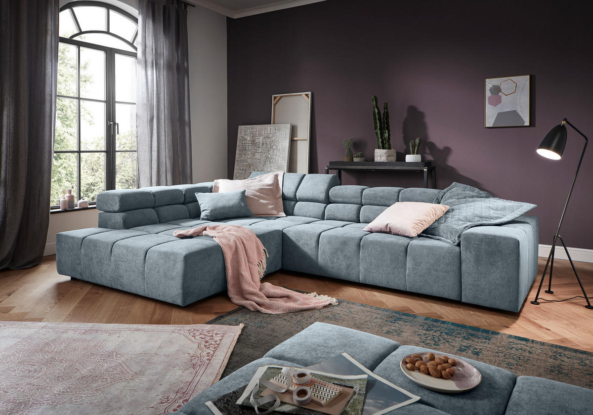 ECKSOFA Hellblau Velours  - Schwarz/Grau, Design, Kunststoff/Textil (213/317cm) - Hom`in