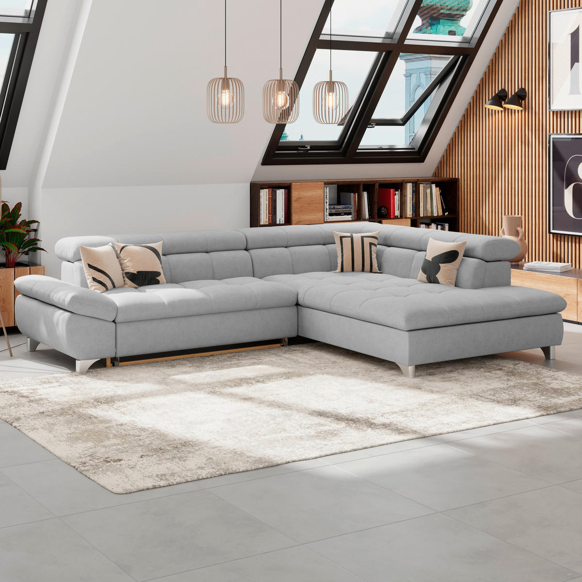 ECKSOFA Hellgrau Chenille  - Chromfarben/Hellgrau, KONVENTIONELL, Textil/Metall (312/234cm) - Livetastic