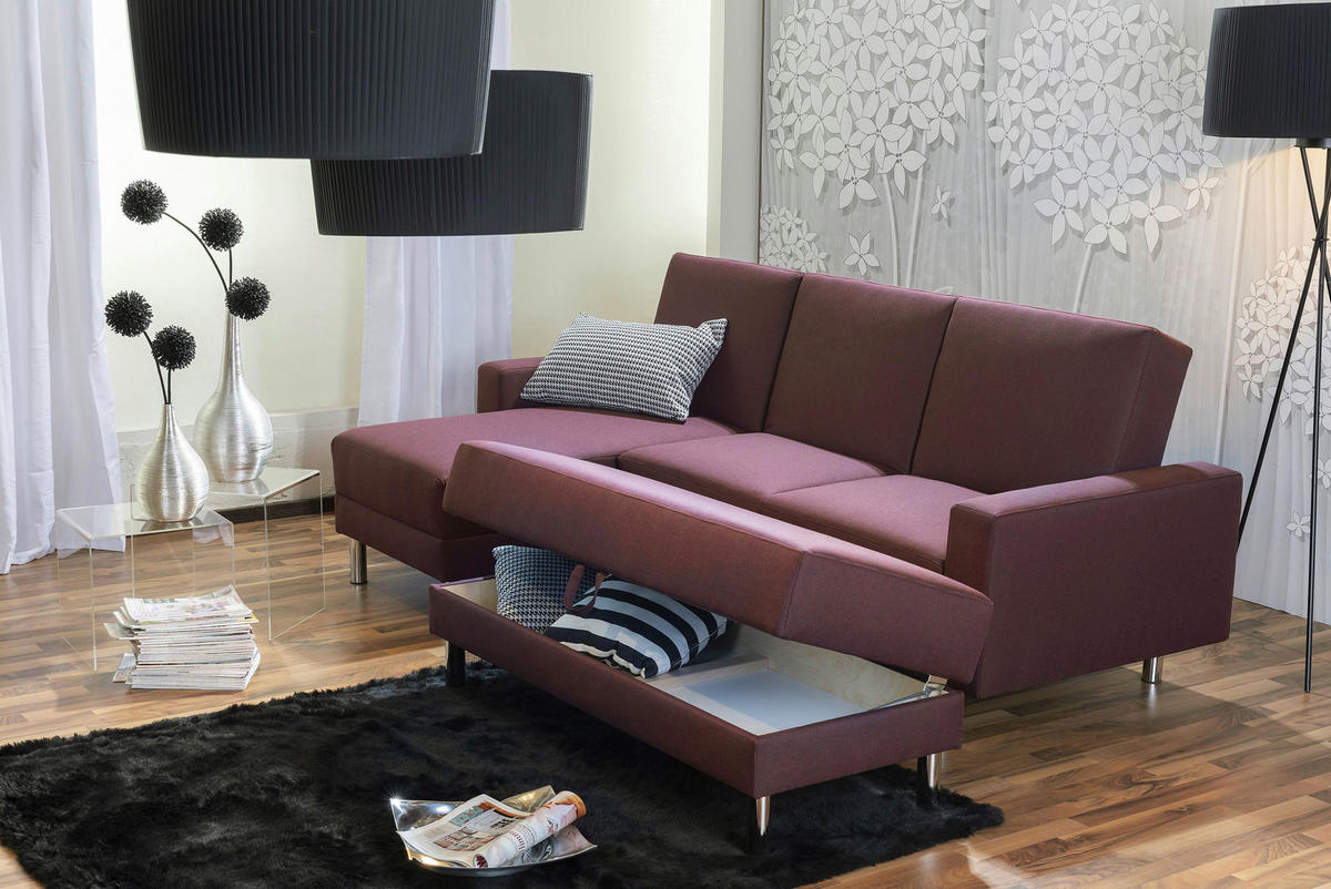 ECKSCHLAFSOFA inkl. Hocker in Dunkelrot Textil   - Chromfarben/Dunkelrot, Konventionell, Textil/Metall (152/230cm) - Max Winzer