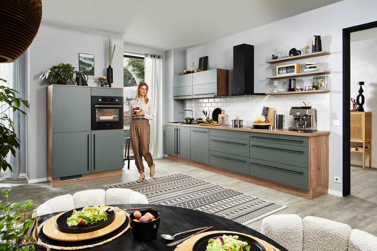 EINBAUKÜCHE 512  - Eichefarben/Thymiangrün, Basics, Holzwerkstoff/Metall - Venda