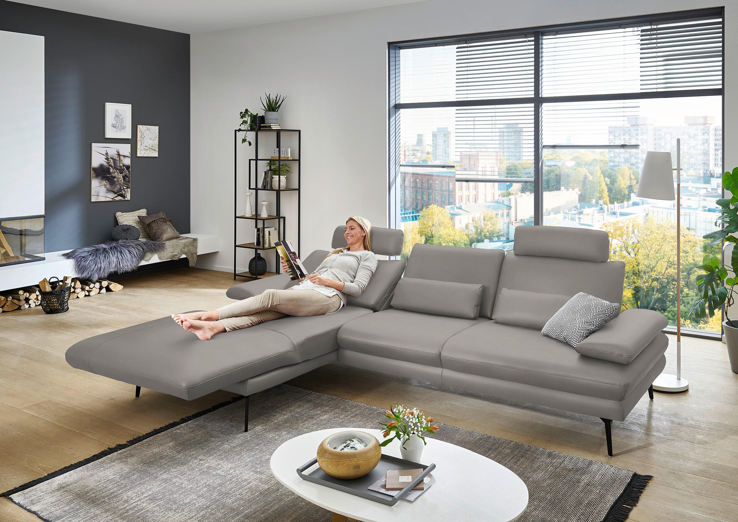 ECKSOFA in Echtleder Silberfarben  - Silberfarben/Schwarz, Design, Leder/Metall (180/310cm) - Dieter Knoll