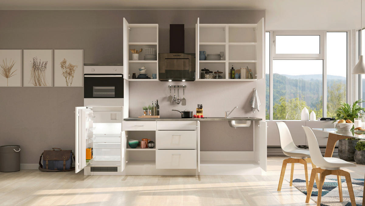 KÜCHENBLOCK 270 cm   in Weiß  - Graubraun/Alufarben, KONVENTIONELL, Holzwerkstoff/Kunststoff (270cm) - FlexWell