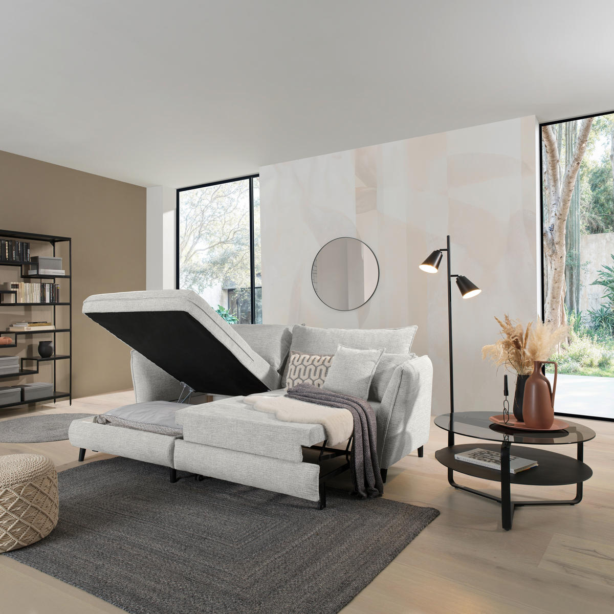 ECKSOFA inkl. Funktionen Hellgrau Struktur  - Hellgrau/Schwarz, Design, Holz/Textil (245/161cm) - Stylife