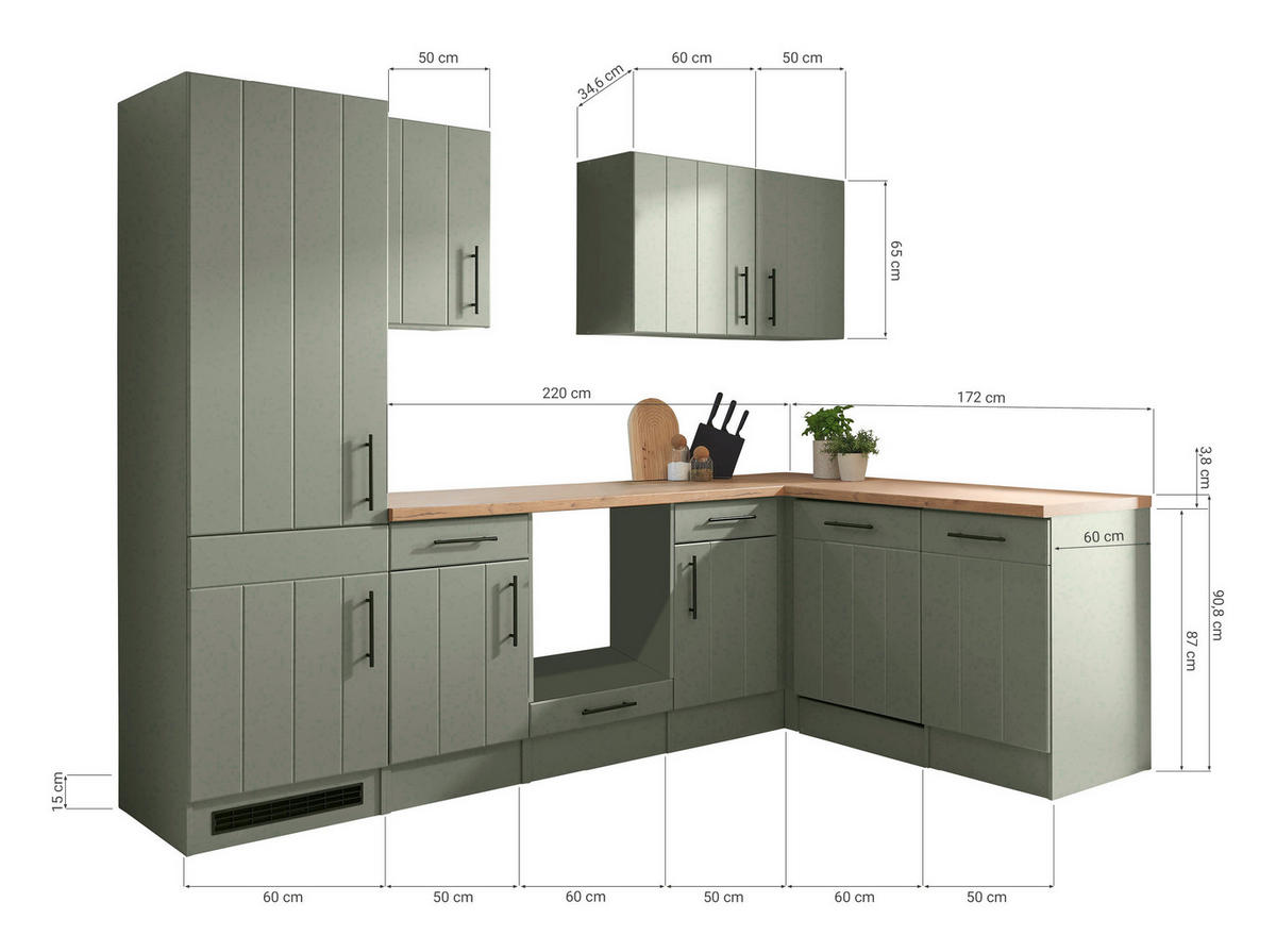 KÜCHENLEERBLOCK 280 cm   in Wildeiche, Schilfgrün  - Schilfgrün/Wildeiche, Trend, Holzwerkstoff/Metall (280cm) - Respekta
