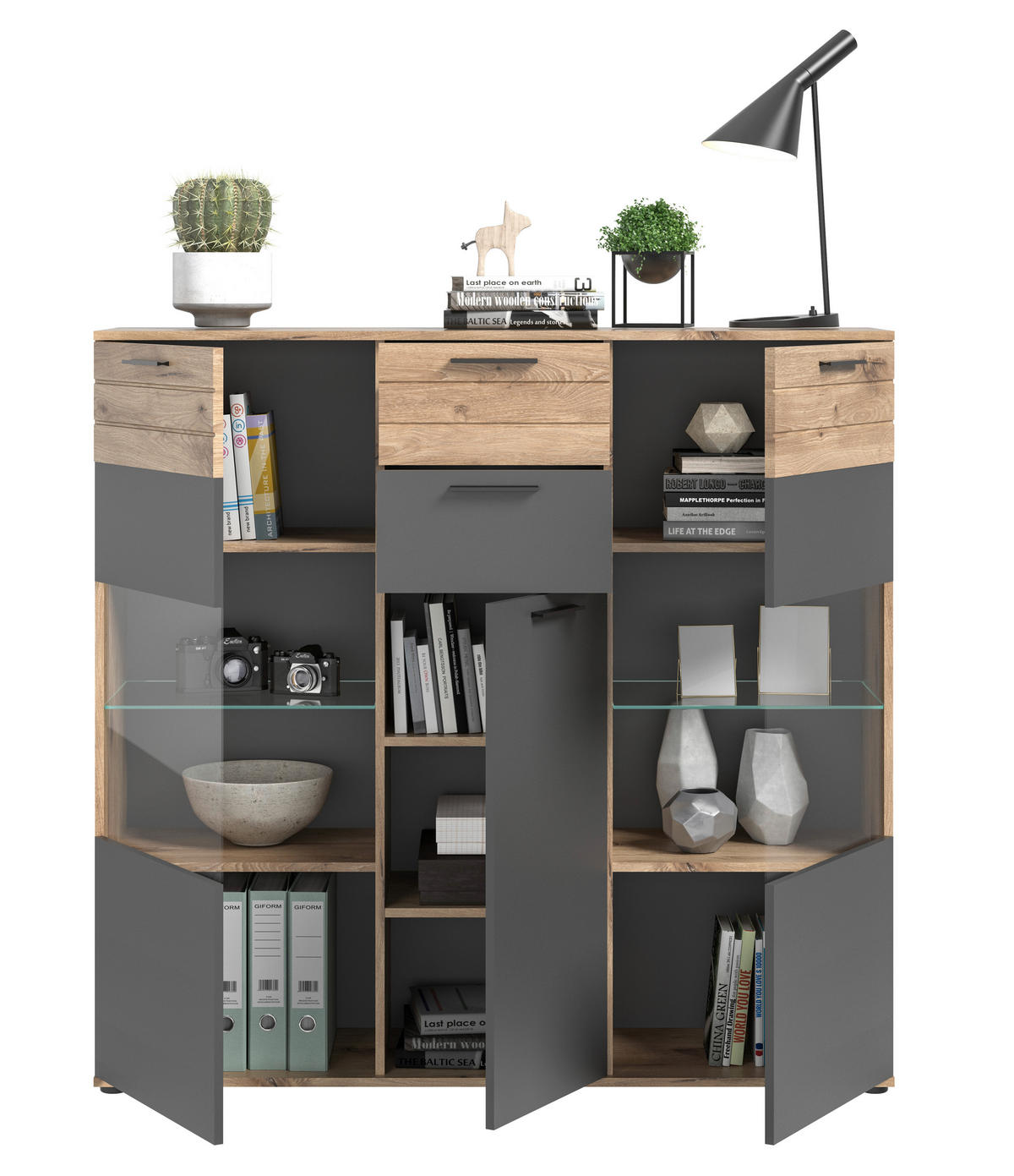 HIGHBOARD  in 140/134/37 cm  - Schwarz/Grau, KONVENTIONELL, Glas/Holzwerkstoff (140/134/37cm) - MID.YOU