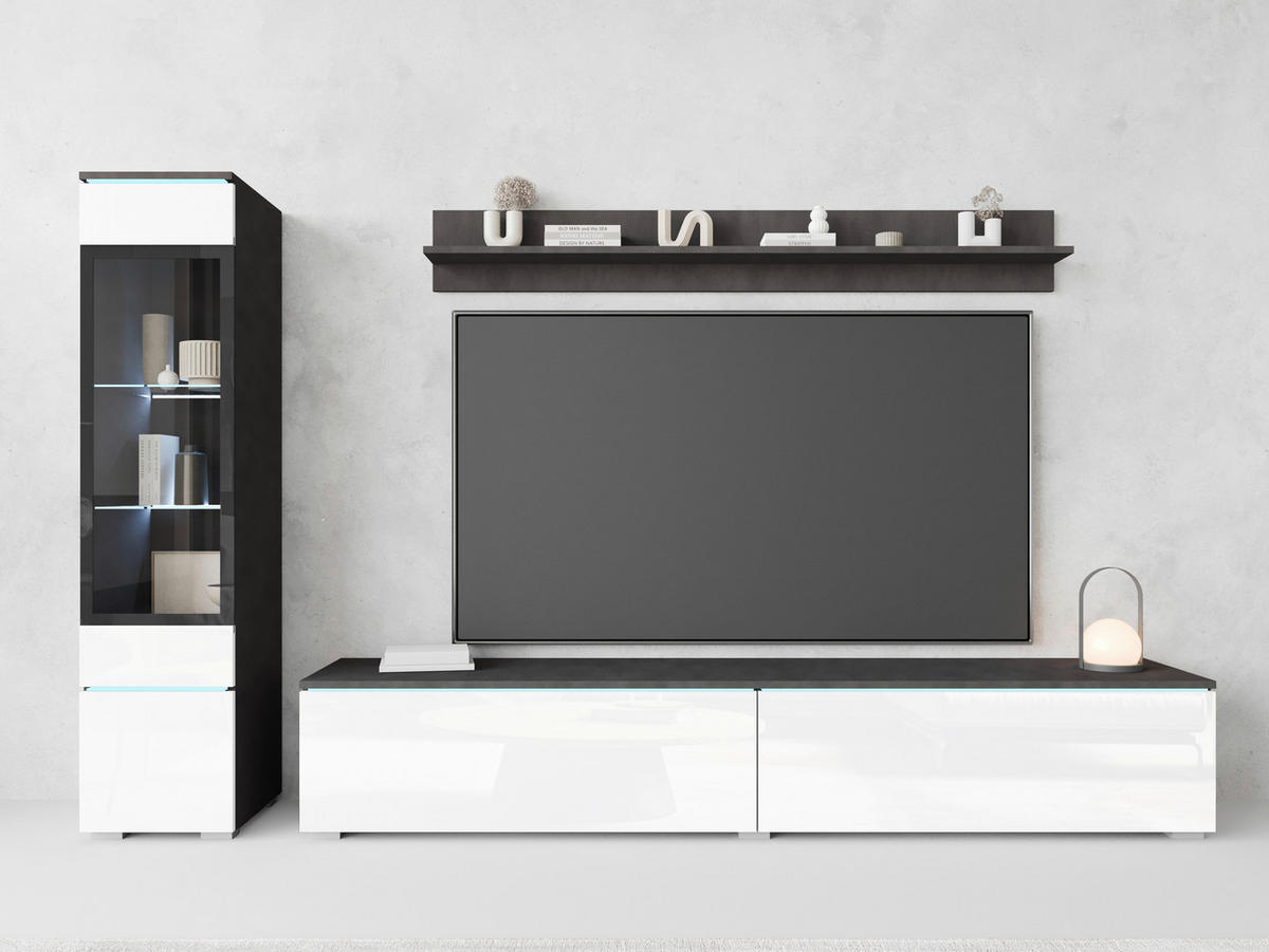 HYLLKOMBINATION 3 delar  i antracit, vit högglans  210/130/33 cm  - vit högglans/grå, Basics, trämaterial/glas (210/130/33cm) - P & B