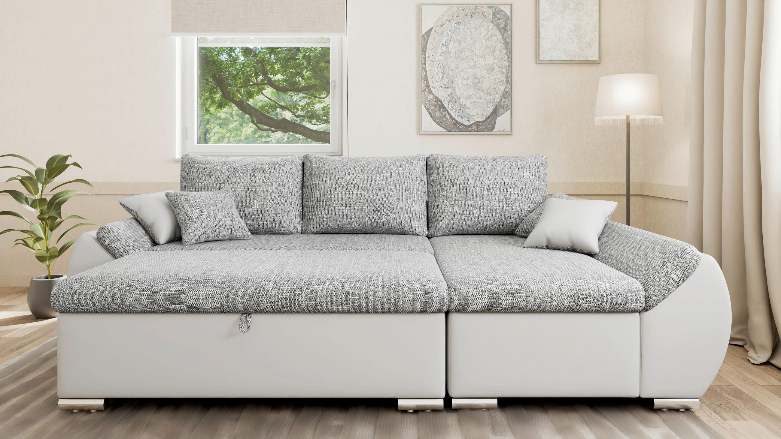 ECKSOFA, inkl. Hocker AURO in Grau, Weiß Rücken echt, Hocker, Stauraum  275/155 cm  - Silberfarben/Weiß, Design, Kunststoff/Textil (275/155cm) - MID.YOU
