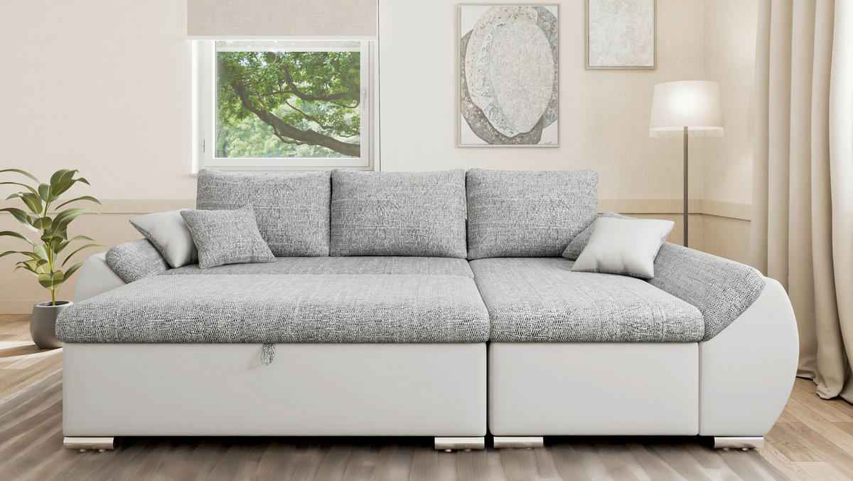 ECKSOFA  AURO Grau, Weiß  - Silberfarben/Weiß, Design, Kunststoff/Textil (275/155cm) - MID.YOU