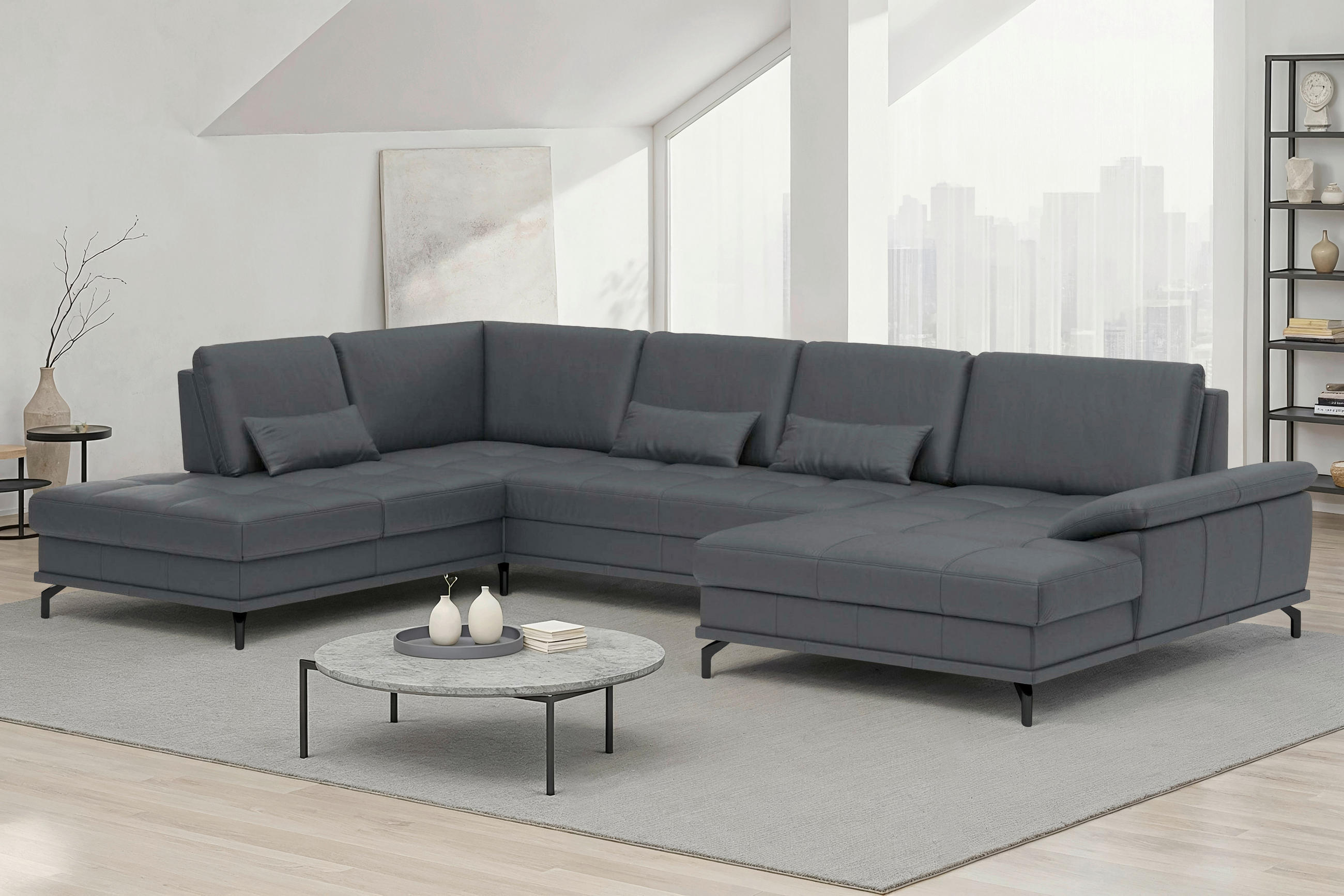 SEDACÍ SOUPRAVA, kůže, černá - černá, Basics, kov/textil (223/363/176cm) - Sit & More