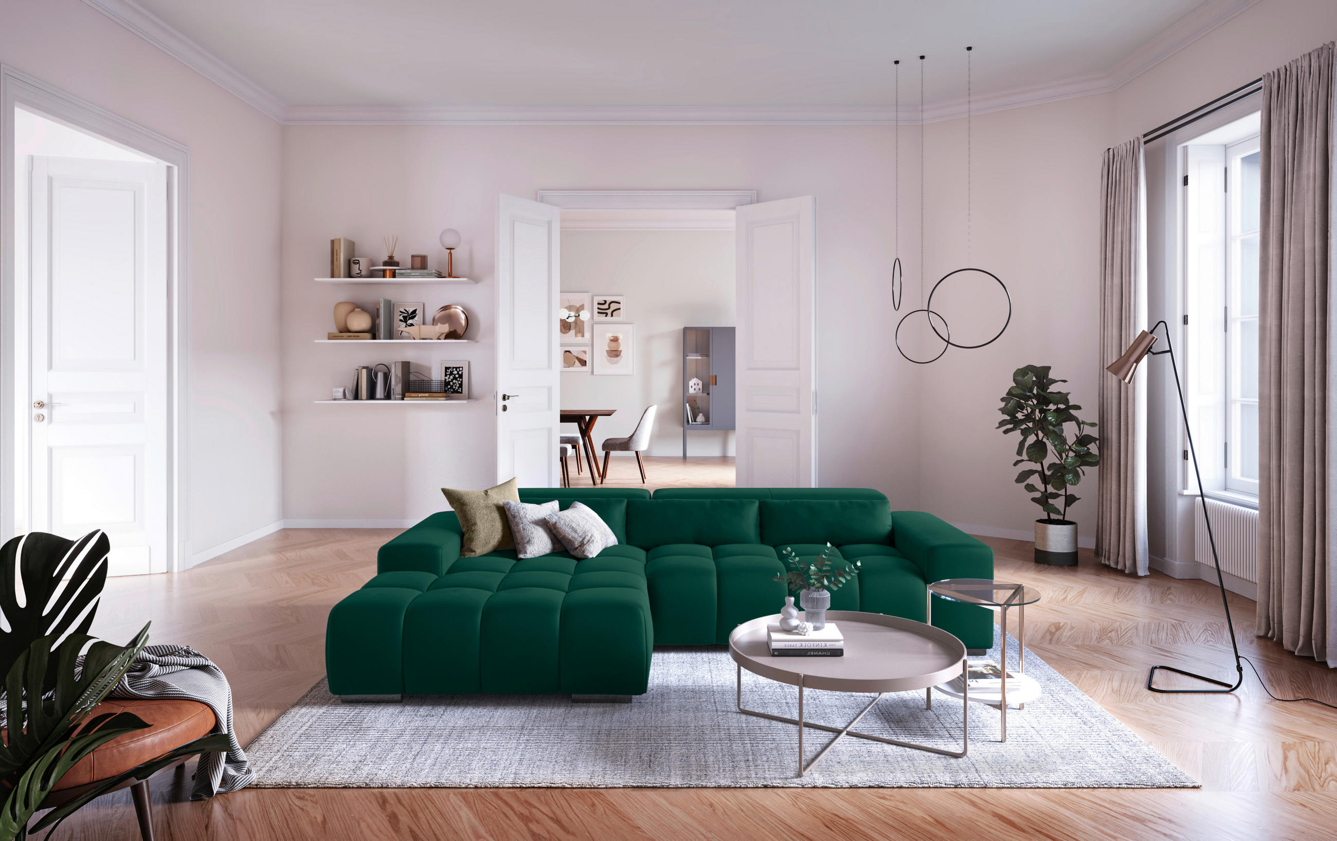 ECKSOFA Grün Velours  - Silberfarben/Grün, KONVENTIONELL, Textil/Metall (186/307cm) - Livetastic