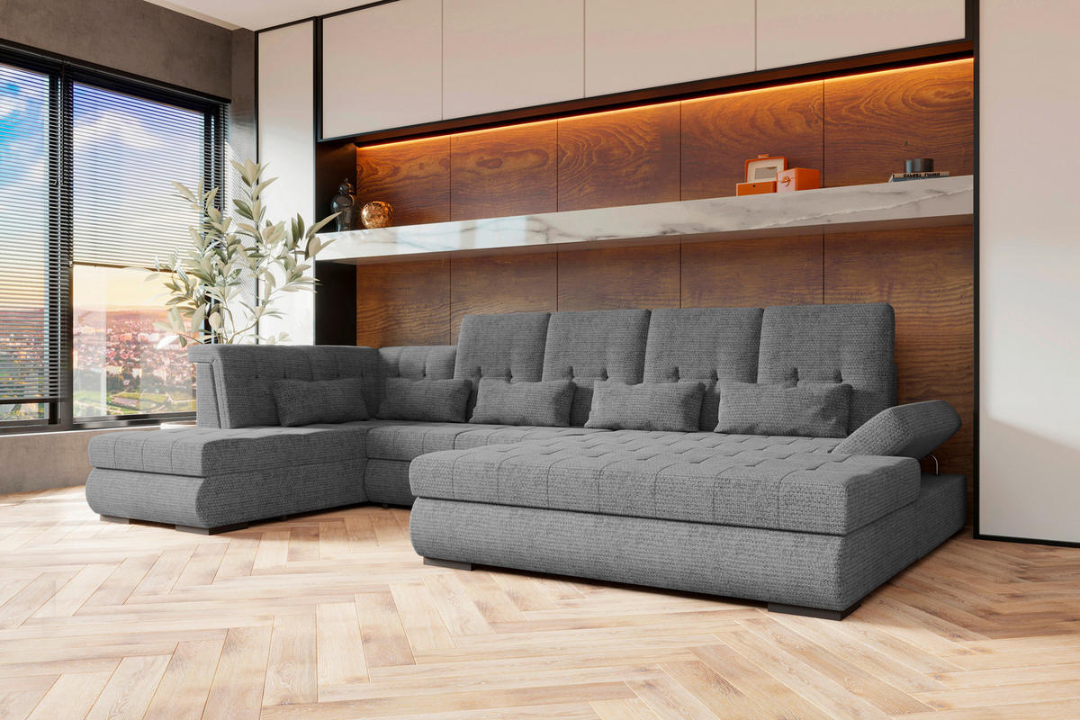 WOHNLANDSCHAFT Grau Struktur  - Schwarz/Grau, KONVENTIONELL, Kunststoff/Textil (222/358/212cm) - Carryhome