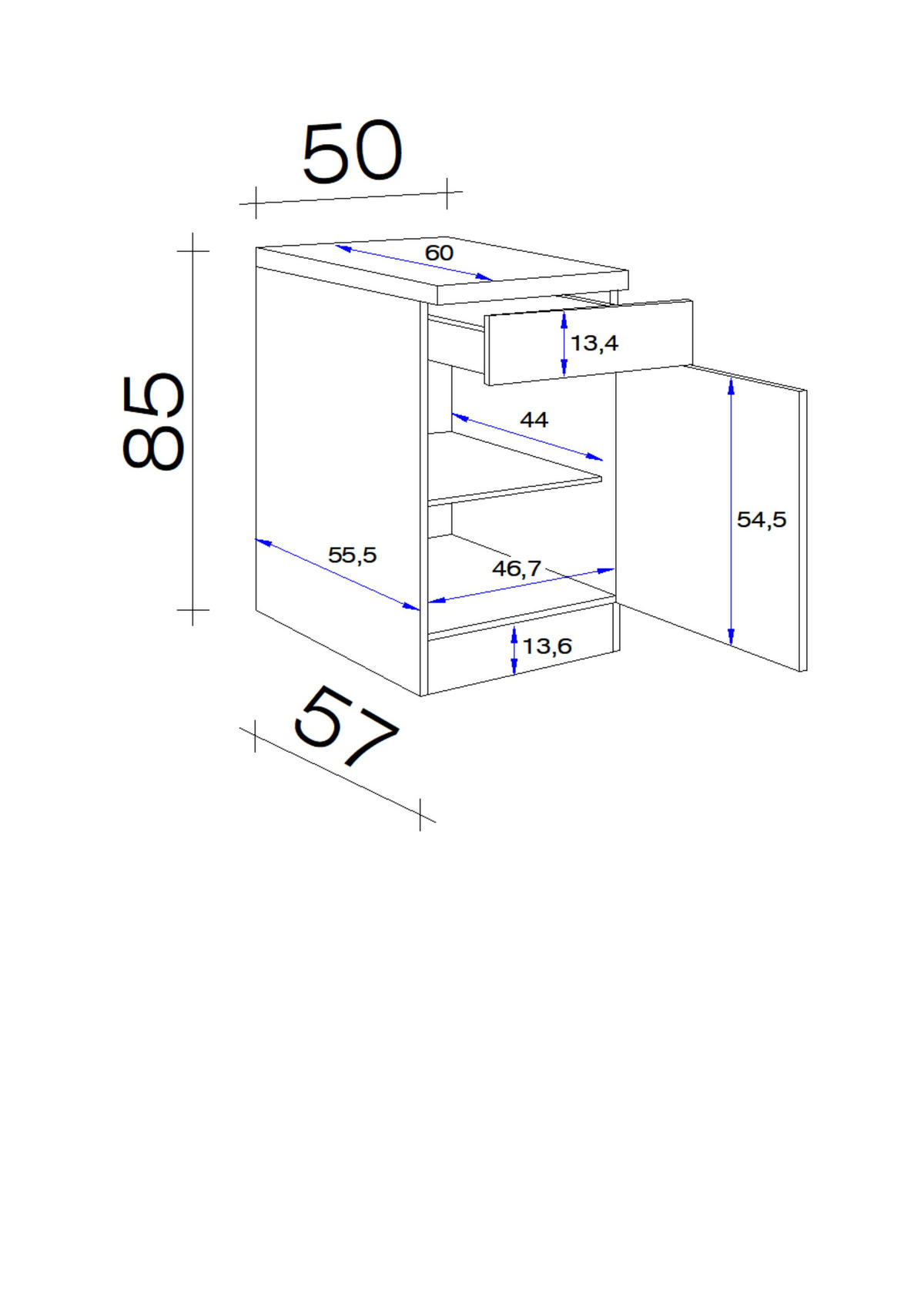KÜCHENUNTERSCHRANK 50/85/57 cm  in Eichefarben, Magnolie  - Eichefarben/Magnolie, KONVENTIONELL, Holzwerkstoff/Metall (50/85/57cm) - FlexWell