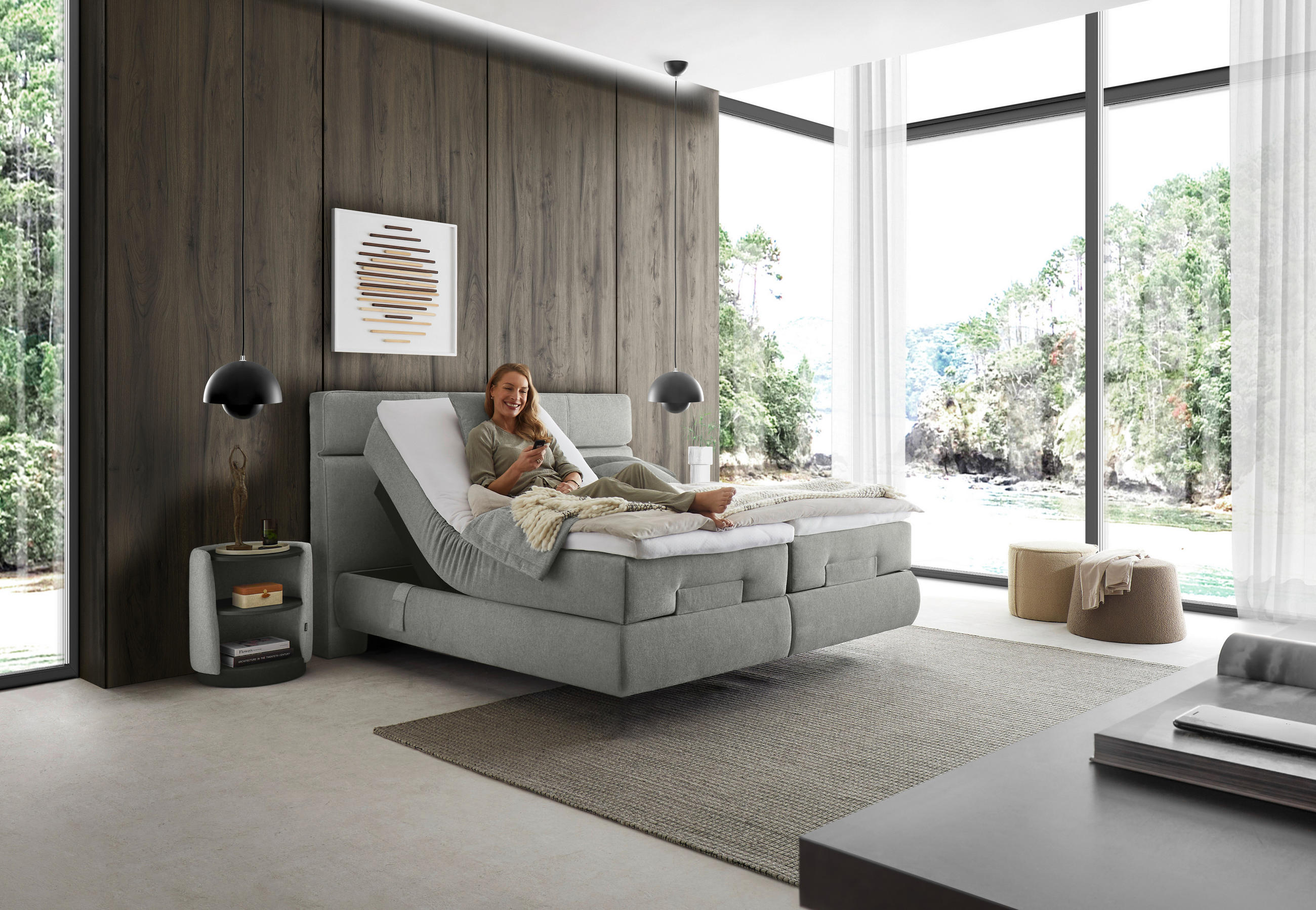 BOXSPRINGBETT 180/200 cm,  in Hellgrau, Matratzen, motorische Verstellbarkeit, unterschiedliche Matratzenhärtegrade je Bettseite, H2 + H3 = mittel + fest  - Hellgrau/Schwarz, Design, Kunststoff/Textil (180/200cm) - Dieter Knoll