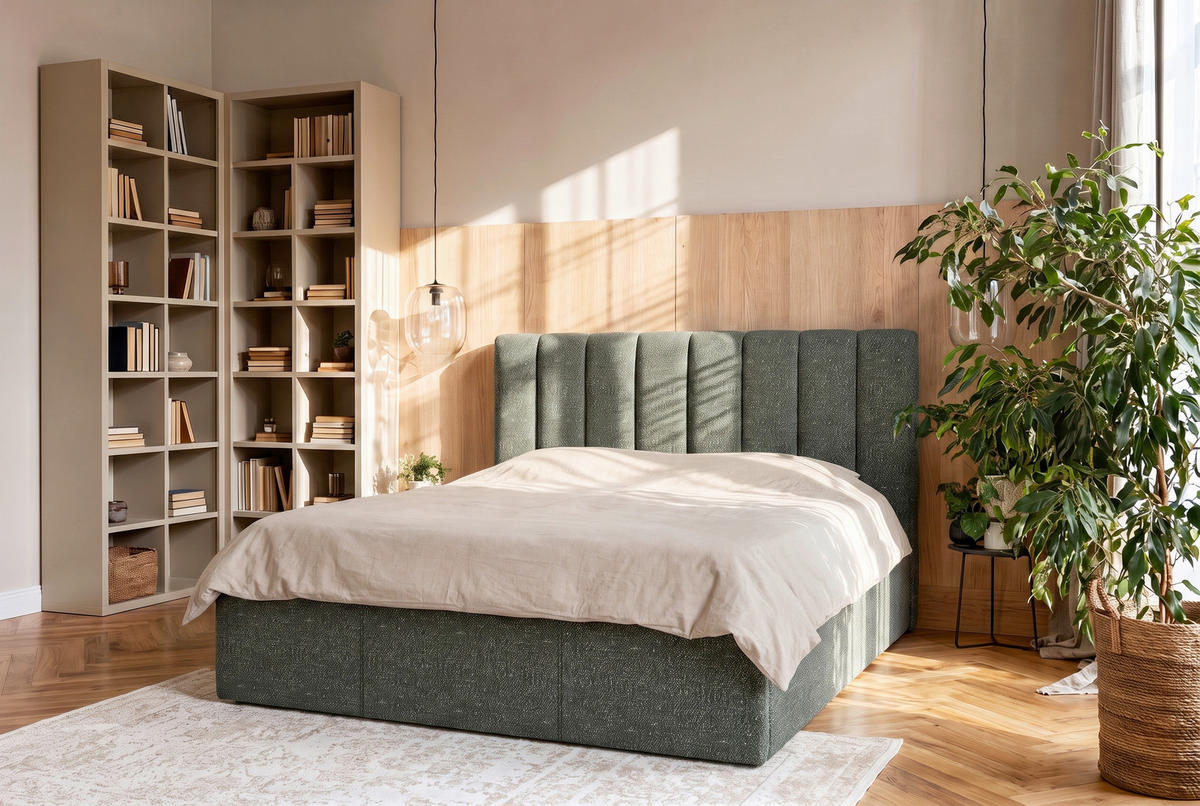 POLSTERBETT 180/200 cm,  in Dunkelgrün, Matratze, Lattenrost, Bettkasten, H3 + H4 = fest + sehr fest  - Dunkelgrün, Trend, Holz/Textil (180/200cm) - Boxxx