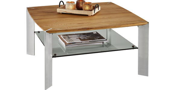 COUCHTISCH Eiche massiv quadratisch Braun, Edelstahlfarben, Eichefarben - Edelstahlfarben/Eichefarben, KONVENTIONELL, Glas/Holz (80/80/41cm) - Linea Natura