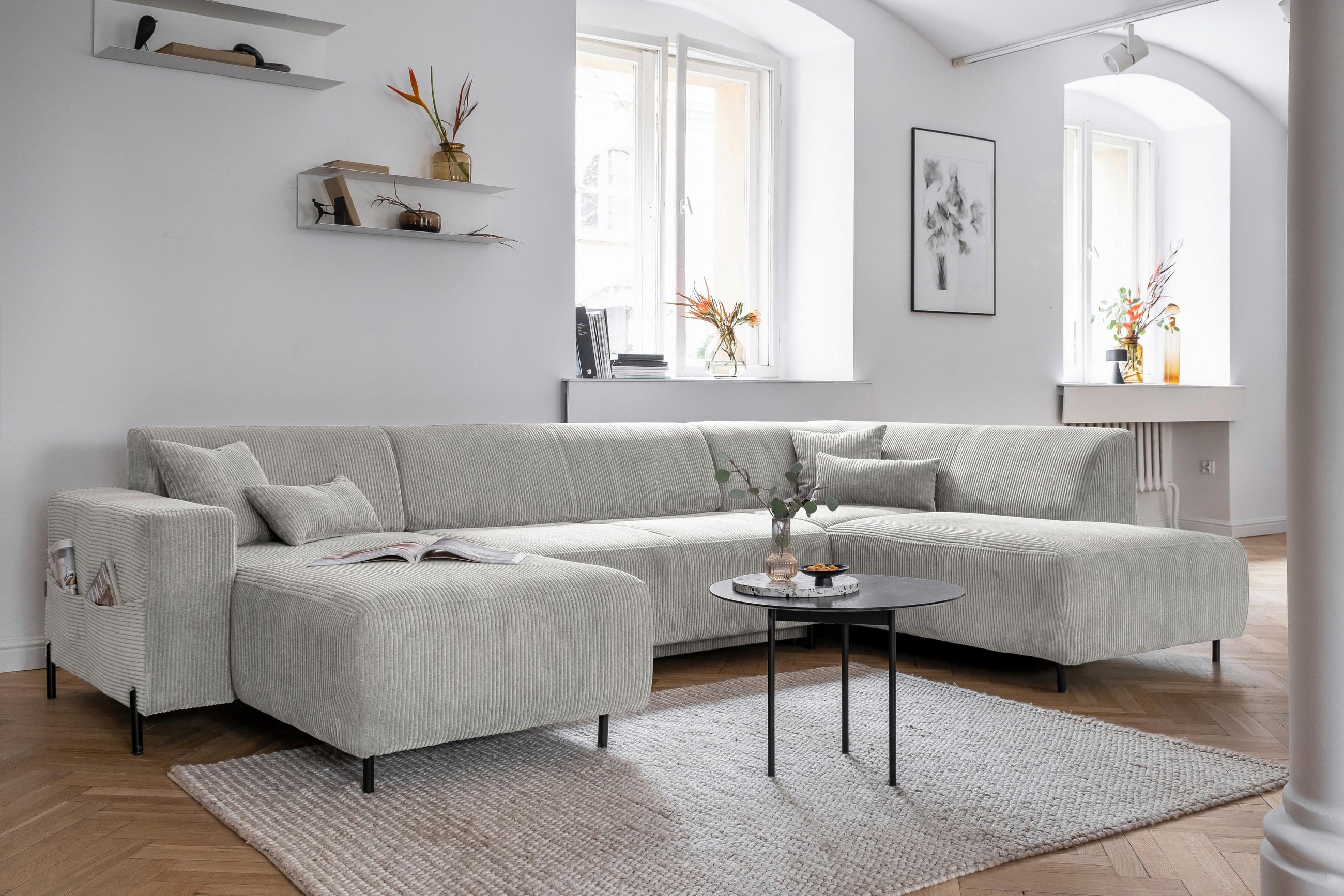 WOHNLANDSCHAFT in Cord Beige - Beige/Schwarz, Textil/Metall (165/330/192cm) - MID.YOU