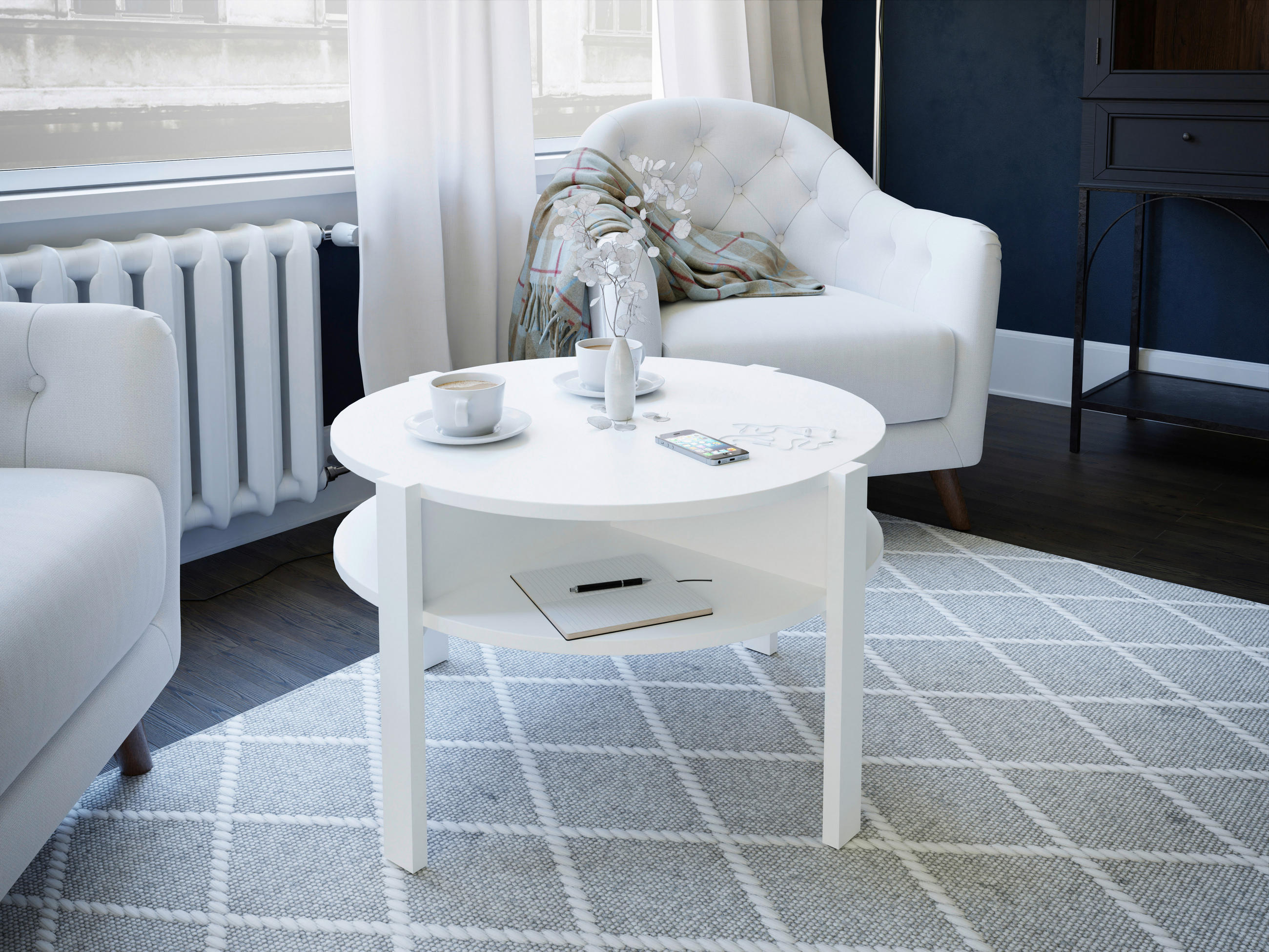 COUCHTISCH 74,4/74,4/45,5 cm rund Weiß  - Weiß, ROMANTIK / LANDHAUS, Holzwerkstoff (74,4/74,4/45,5cm) - Ti'me