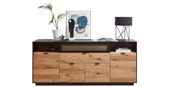 SIDEBOARD Eiche furniert Schwarz, Eichefarben Beleuchtung, Einlegeböden  - Eichefarben/Schwarz, MODERN, Holz/Holzwerkstoff (200/86/42cm) - Novel