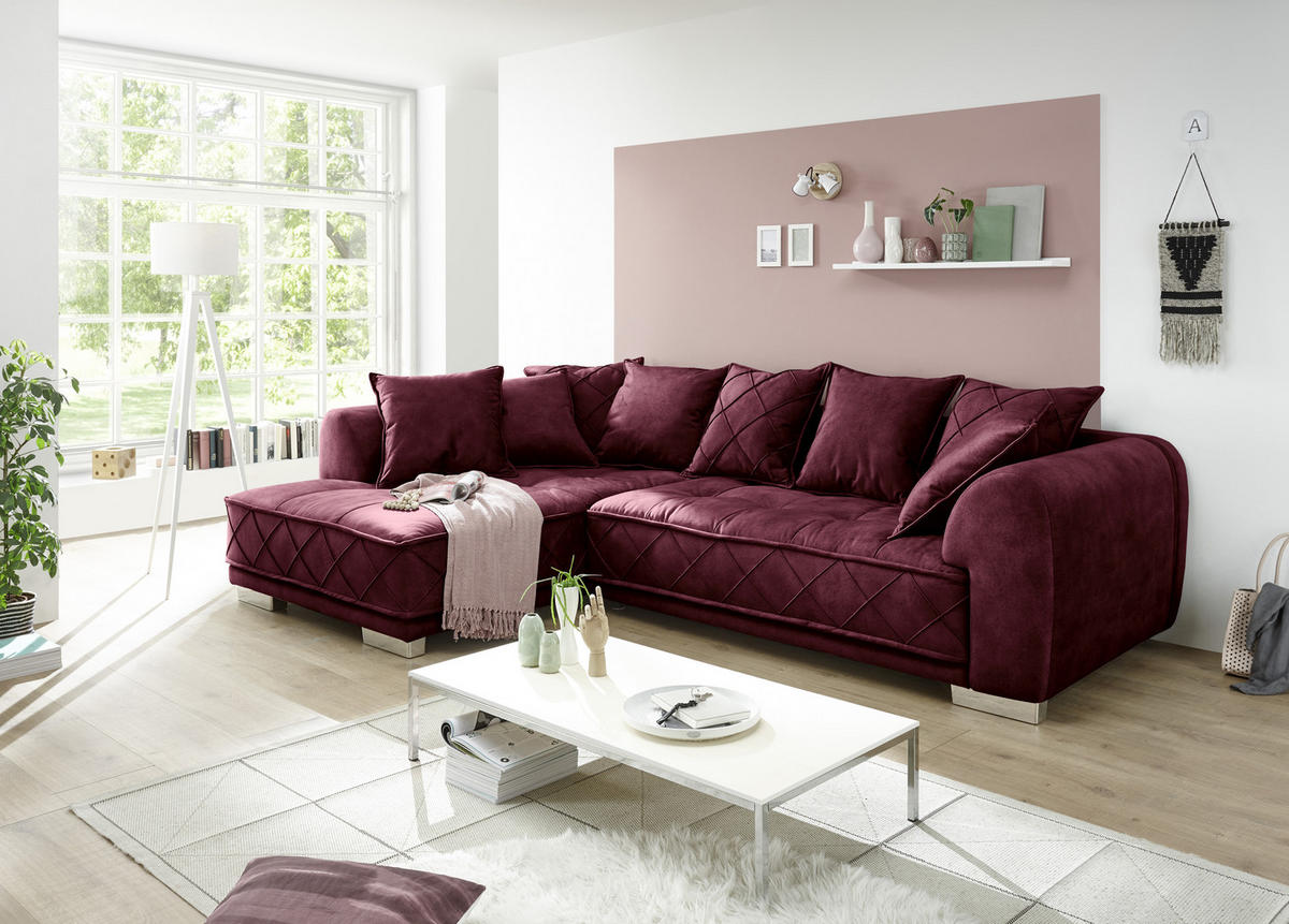 ECKSOFA in Mikrovelours Bordeaux  - Bordeaux/Silberfarben, Basics, Kunststoff/Textil (319/194cm) - MID.YOU