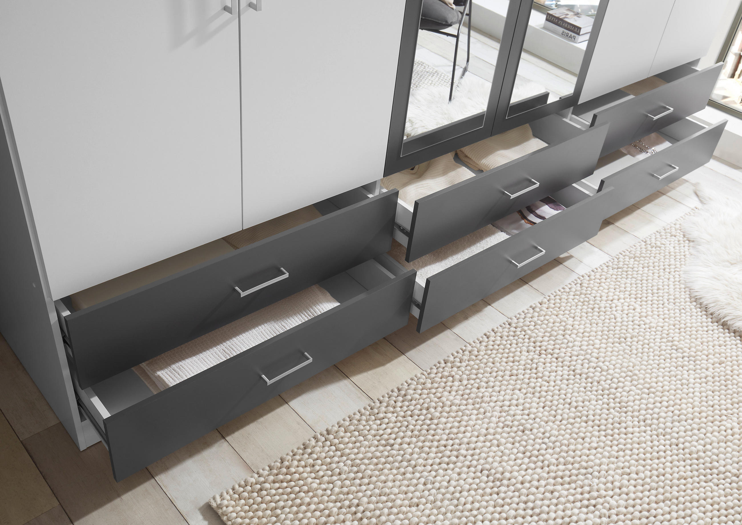 Thumbnail - Boxxx Drehtürenschrank, Graphit, Weiß, Kunststoff, 3 Fächer, 6 Schublade(n) Schubladen, 272x211x55 cm, Schlafzimmer, Kle...